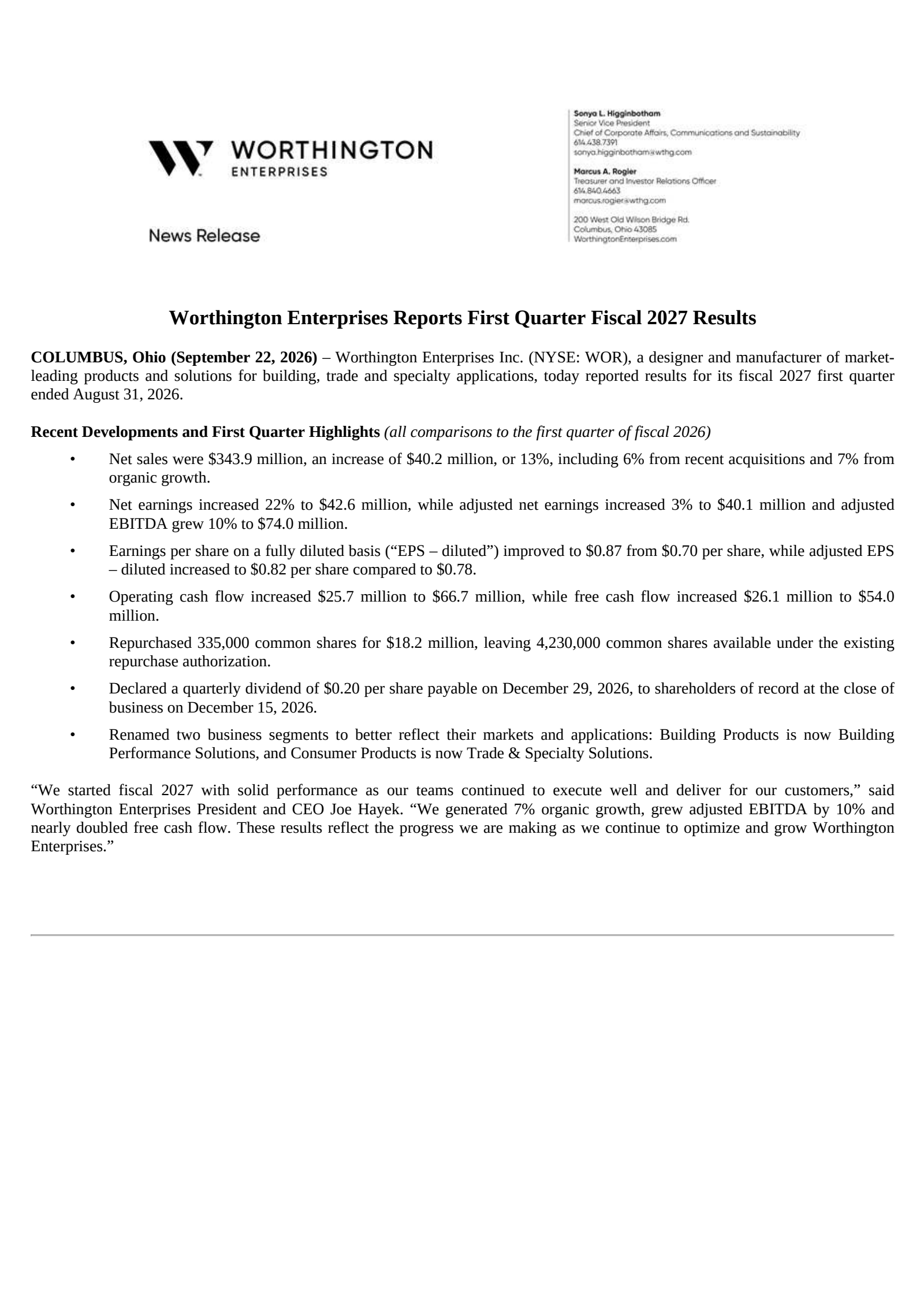 Worthington Enterprises' Q1 2027 Press Release