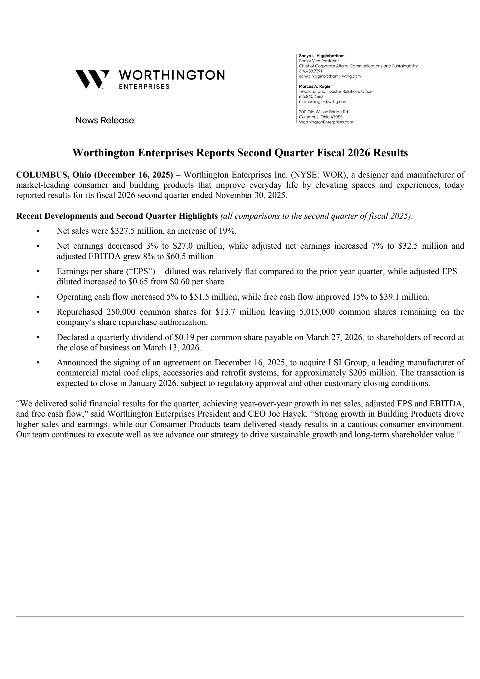 Worthington Enterprises' Q2 2026 Earnings Release