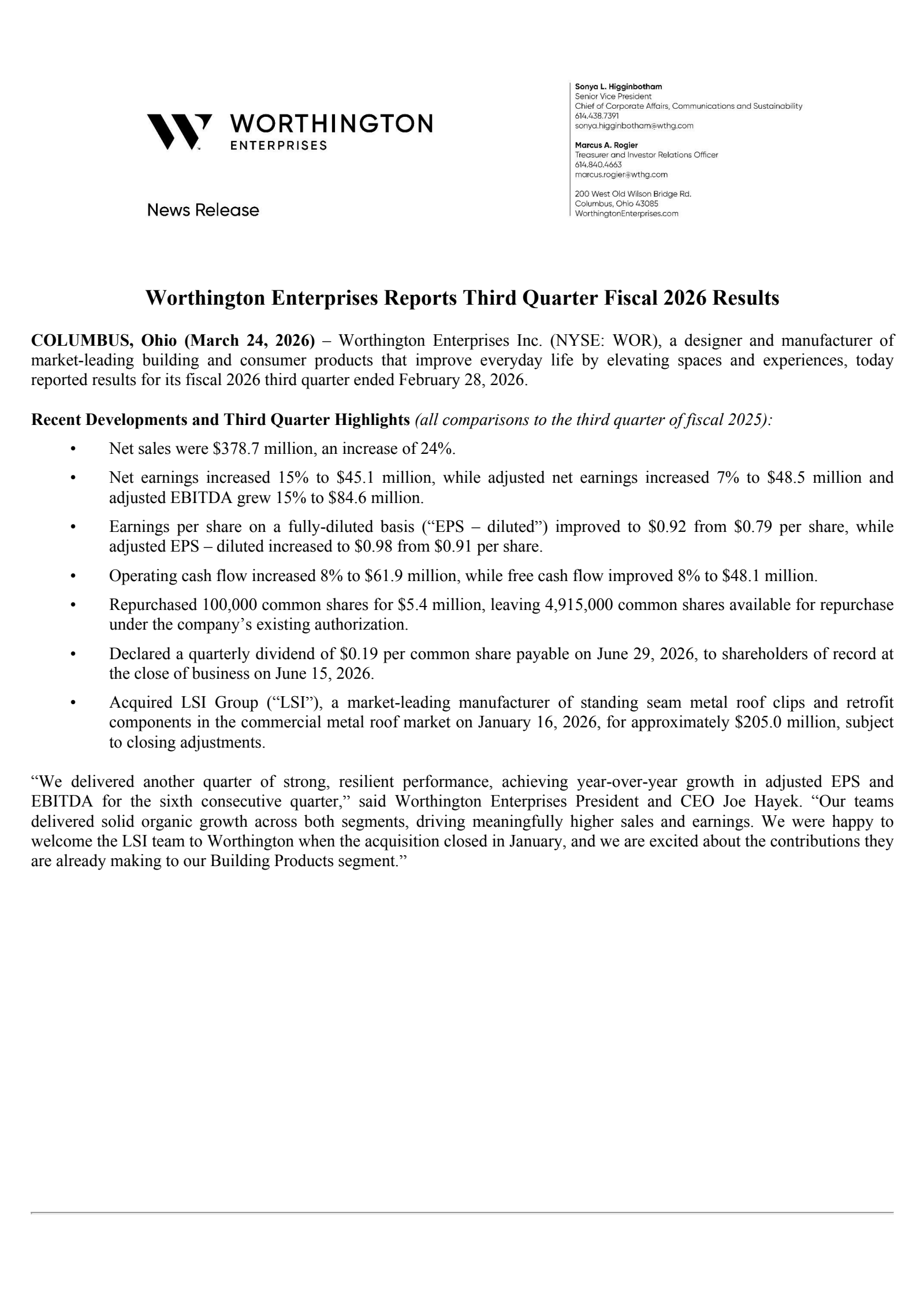 Worthington Enterprises' Q3 2026 Press Release