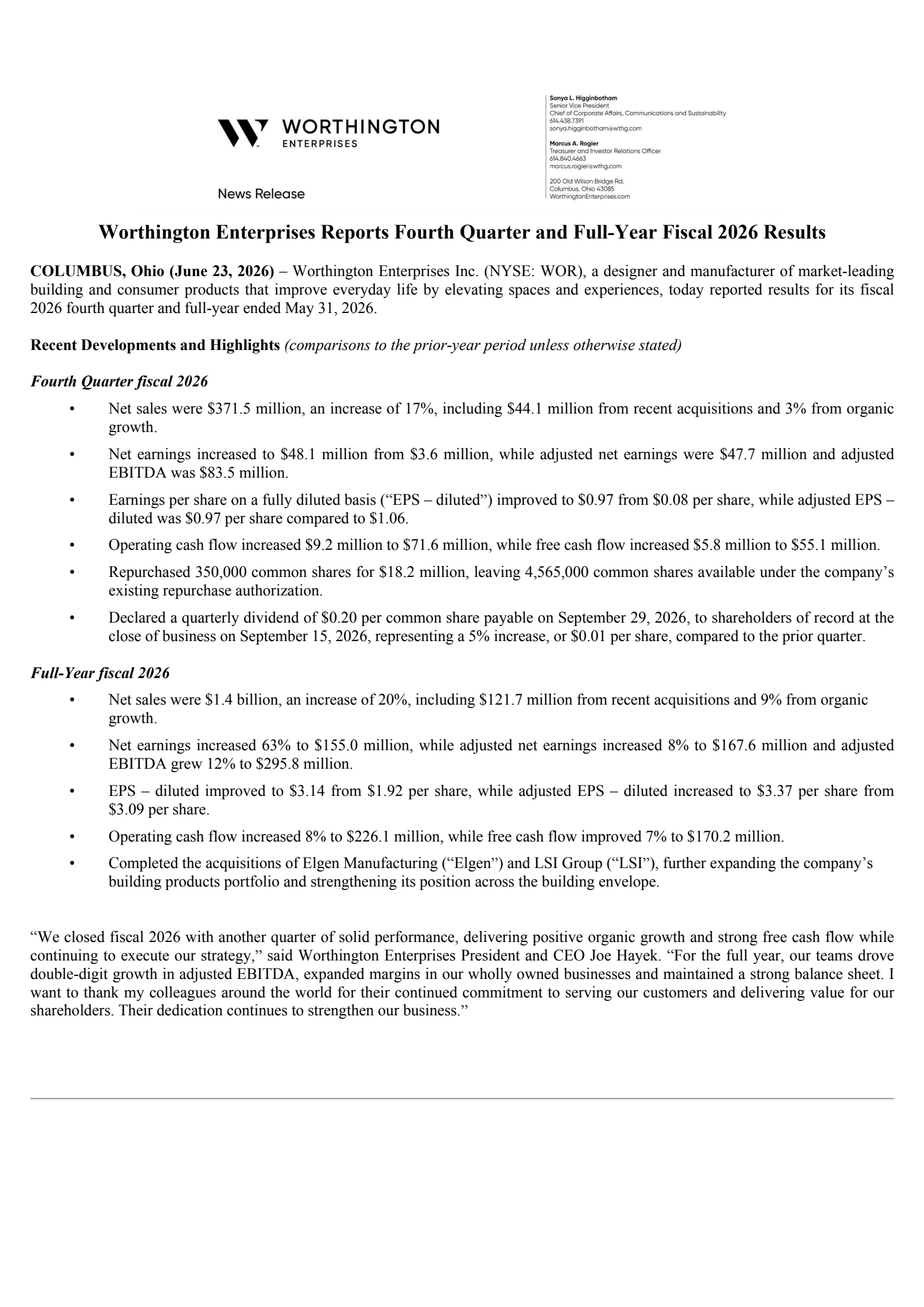 Worthington Enterprises' Q4 2026 Press Release