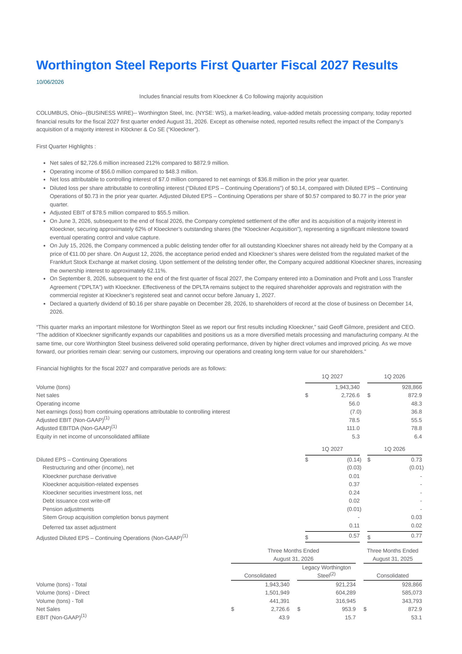 Worthington Steel's Q1 2027 Press Release