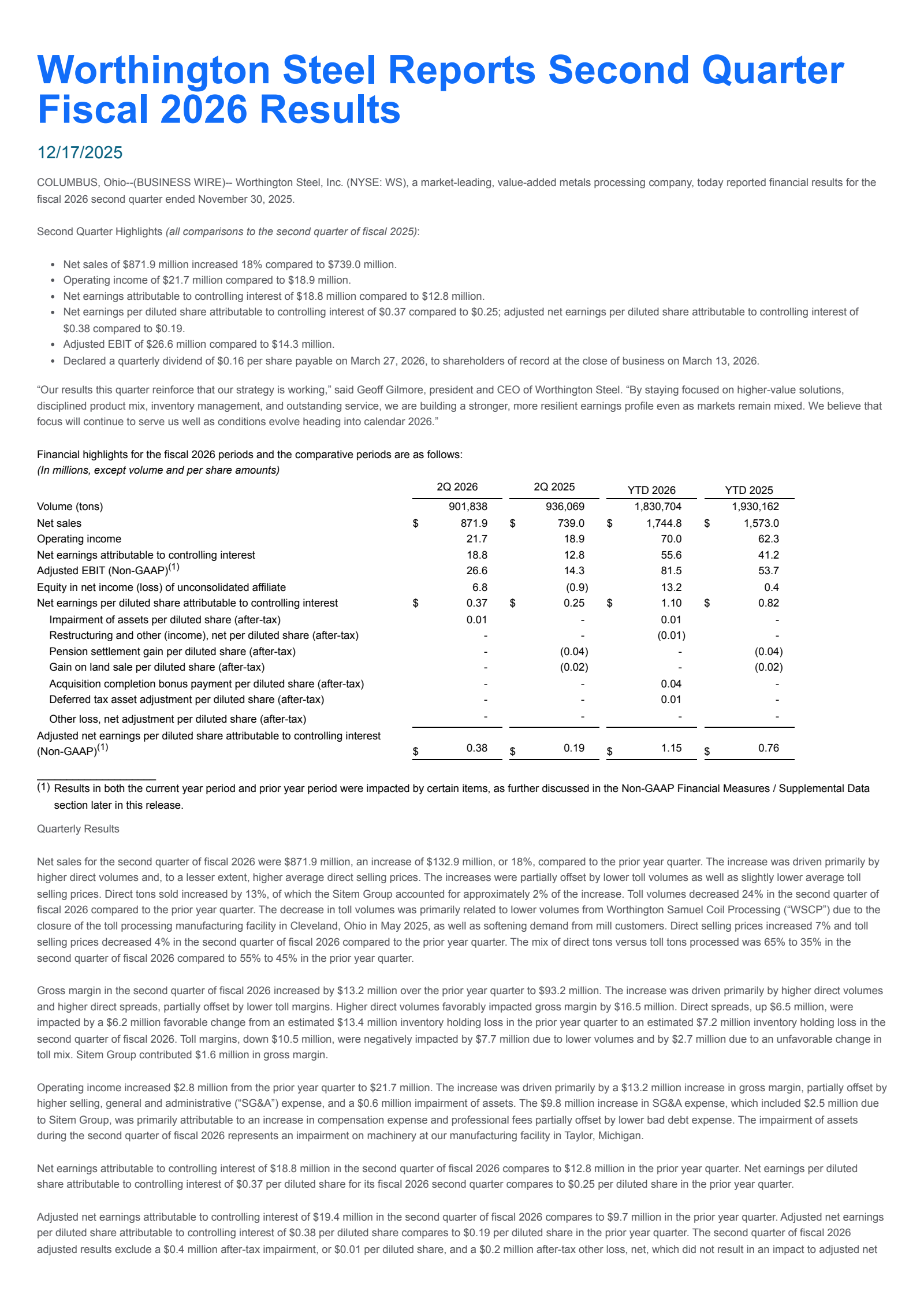 Worthington Steel's Q2 2026 Earnings Release