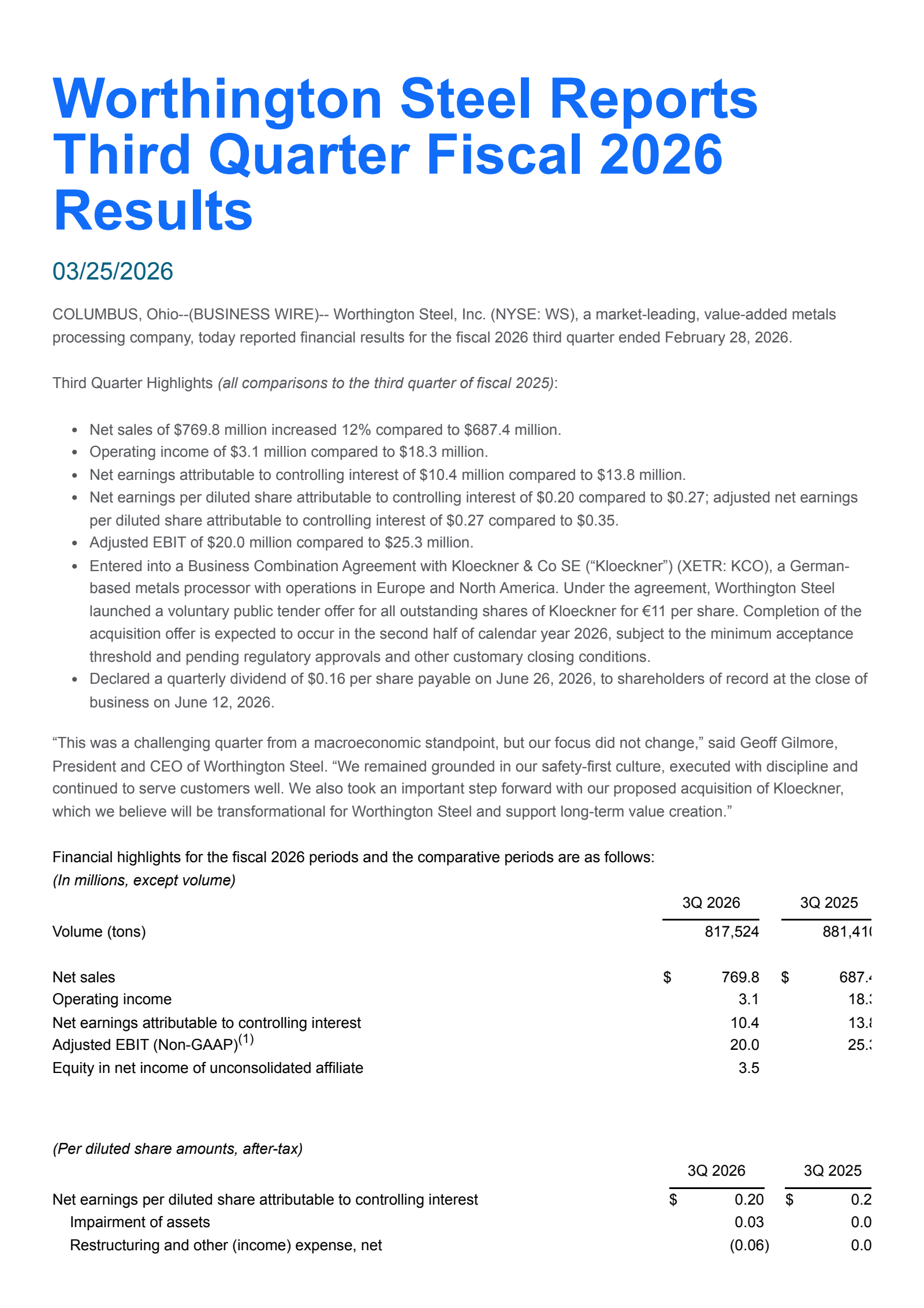 Worthington Steel's Q3 2026 Press Release
