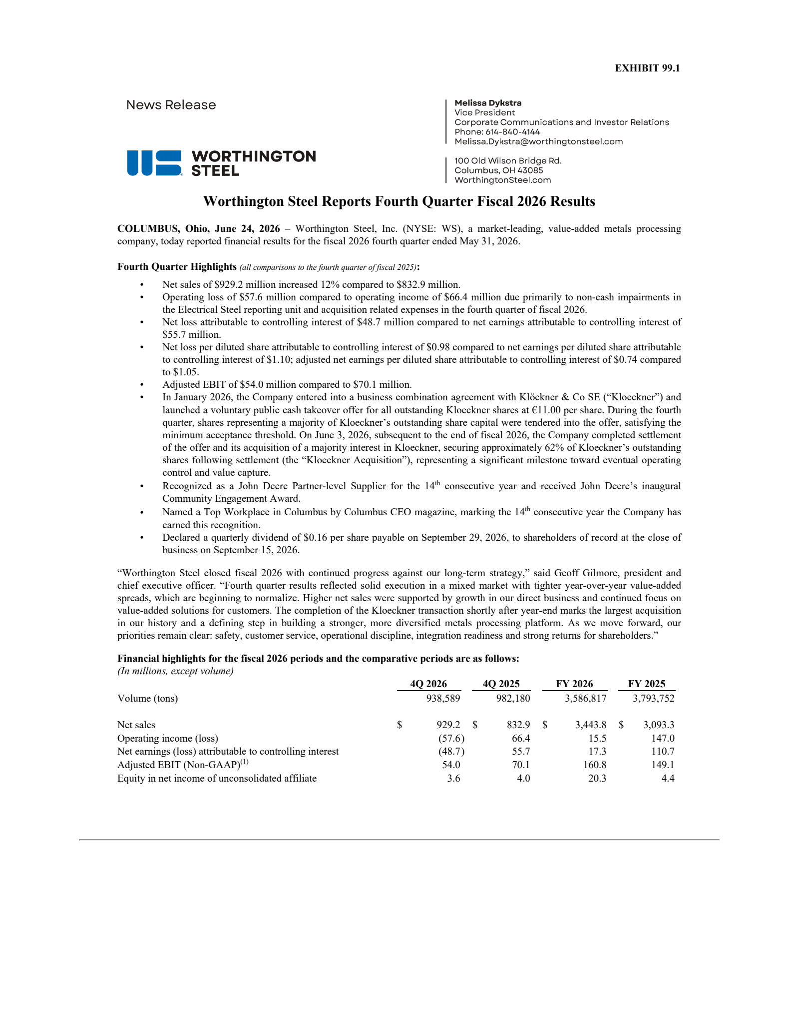 Worthington Steel's Q4 2026 Press Release