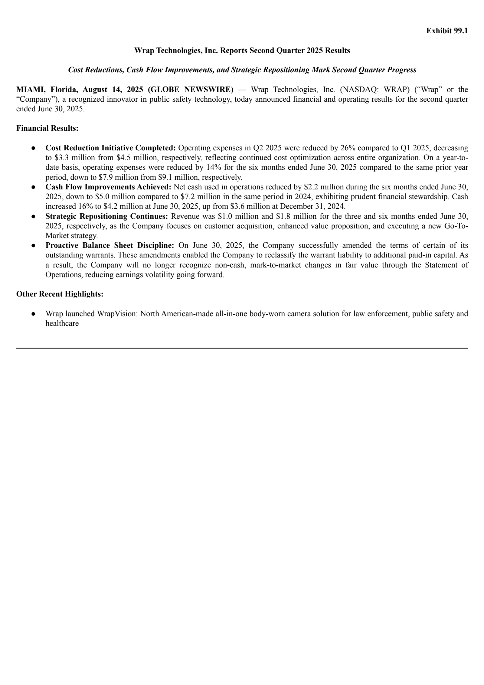 Wrap Technologies' Q2 2025 Press Release