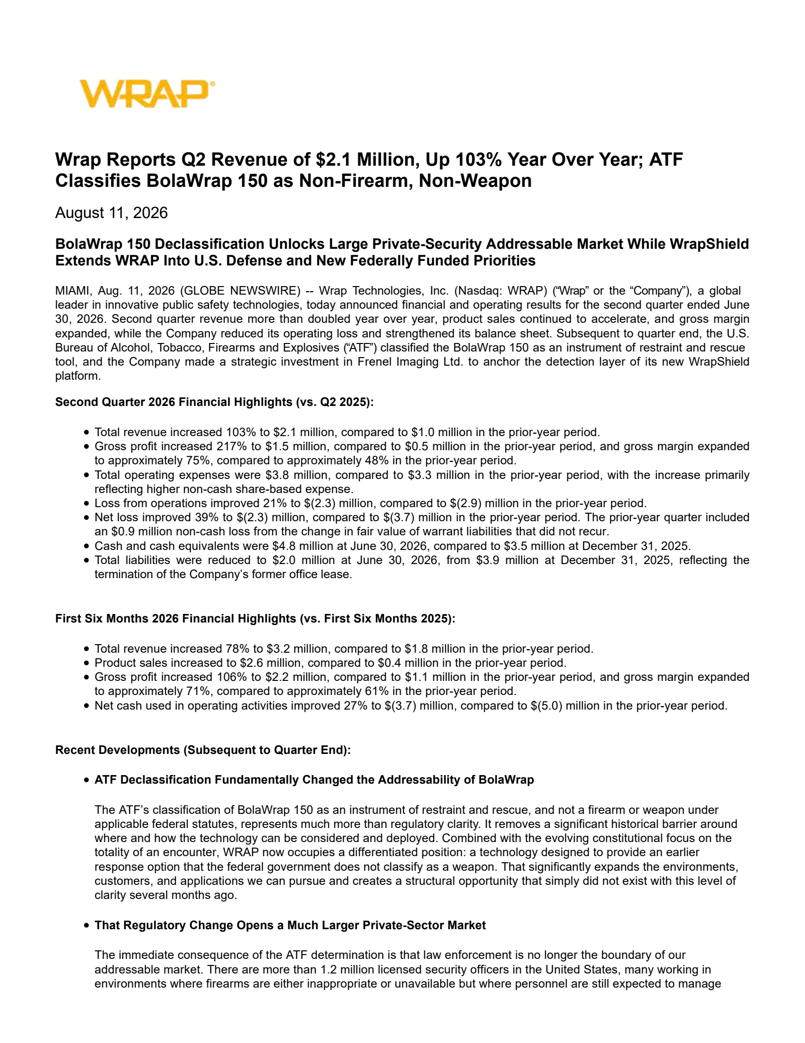 Wrap Technologies' Q2 2026 Press Release