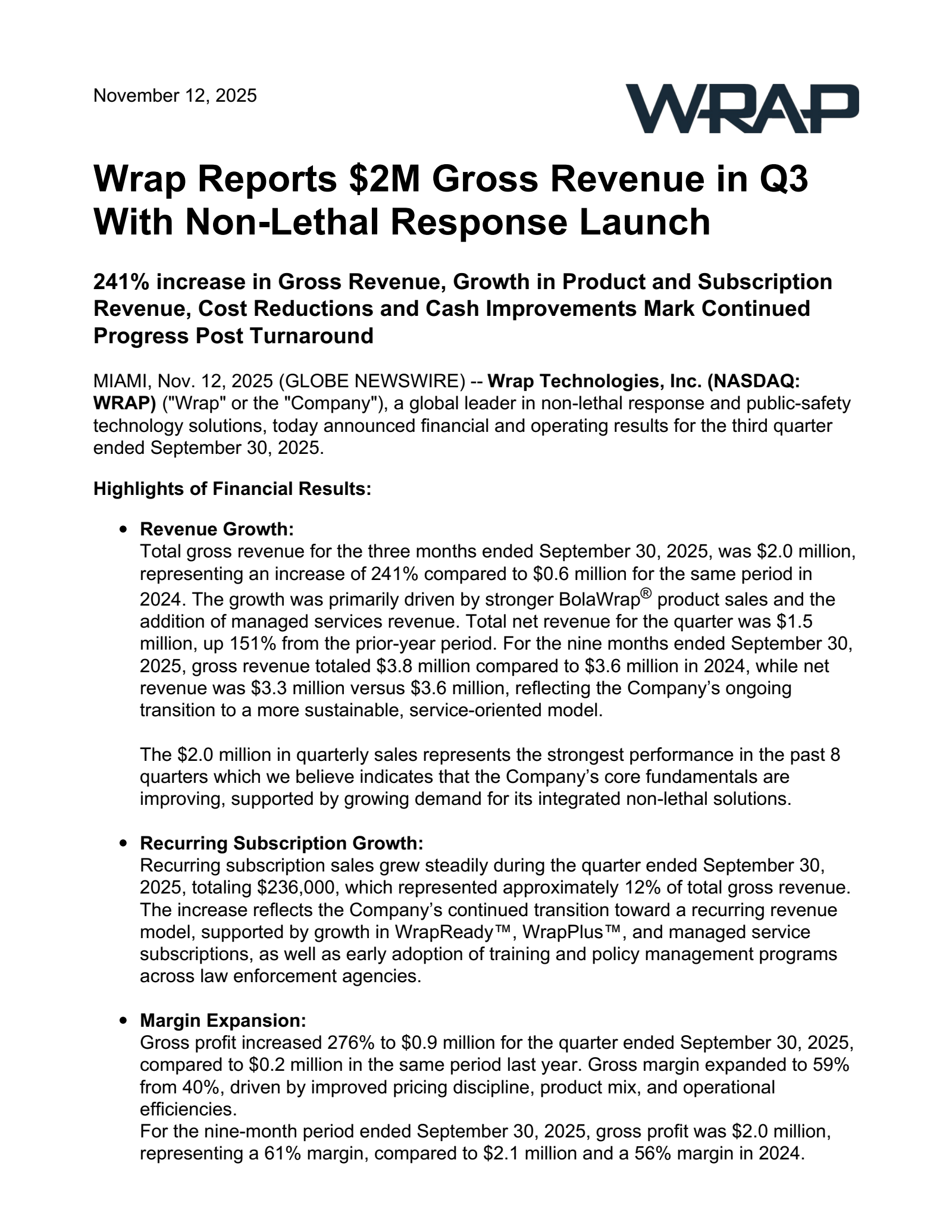 Wrap Technologies' Q3 2025 Earnings Release