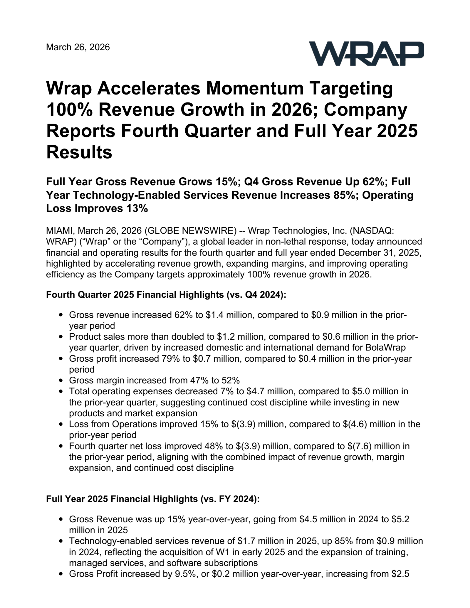Wrap Technologies' Q4 2025 Press Release