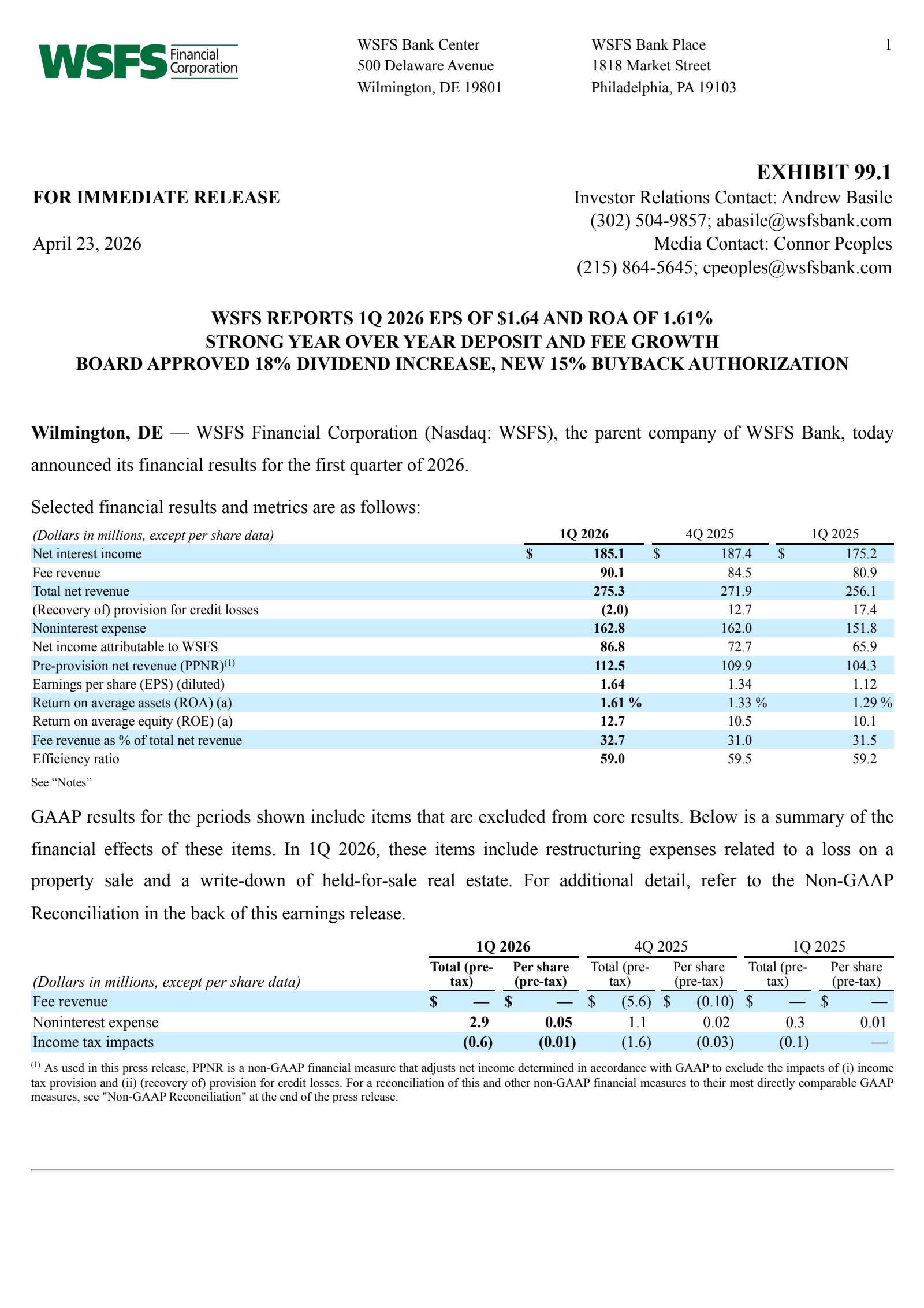 WSFS Financial's Q1 2026 Press Release