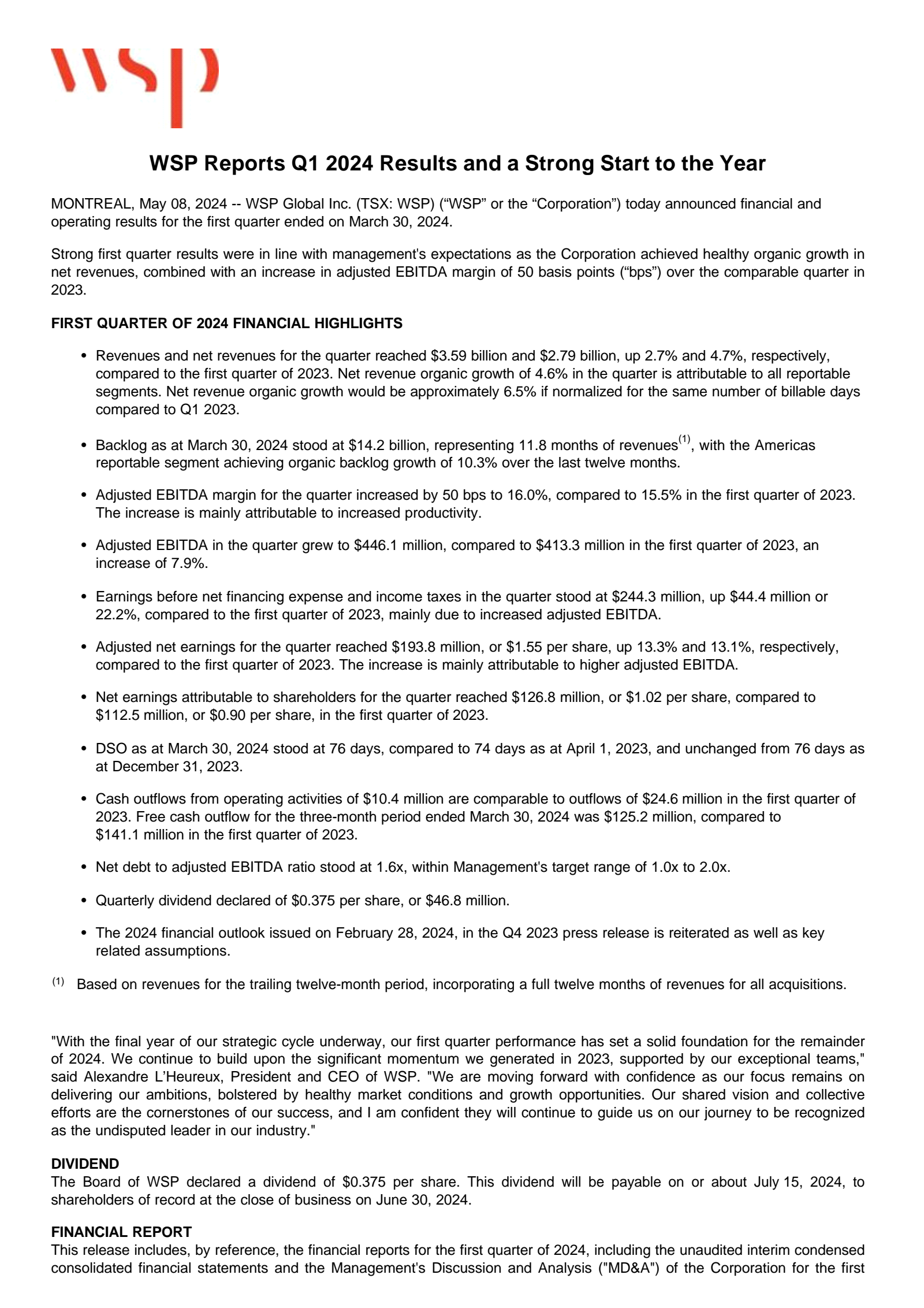 Wsp Report WSP Q1 2024 Earnings Report on 5/8/2024