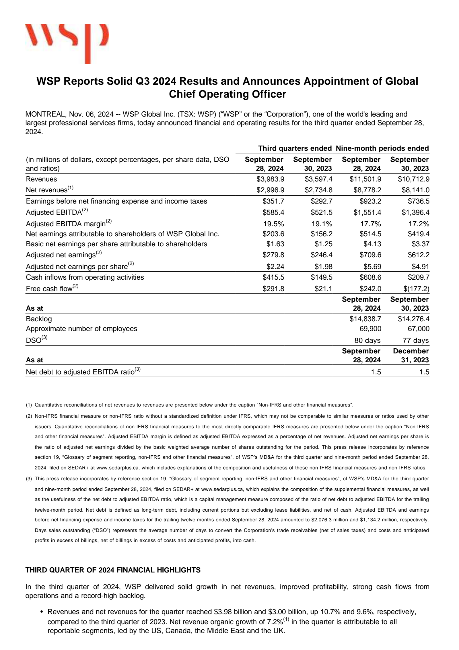 WSP Global's Q3 2024 Earnings Release