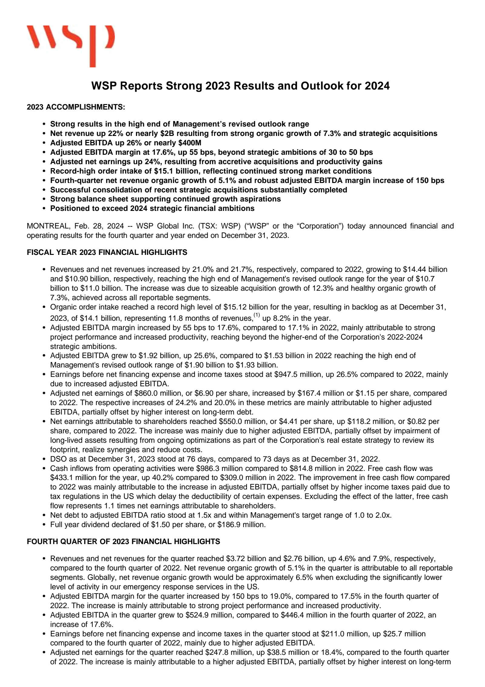 Wsp Report WSP Q4 2023 Earnings Report on 2/28/2024