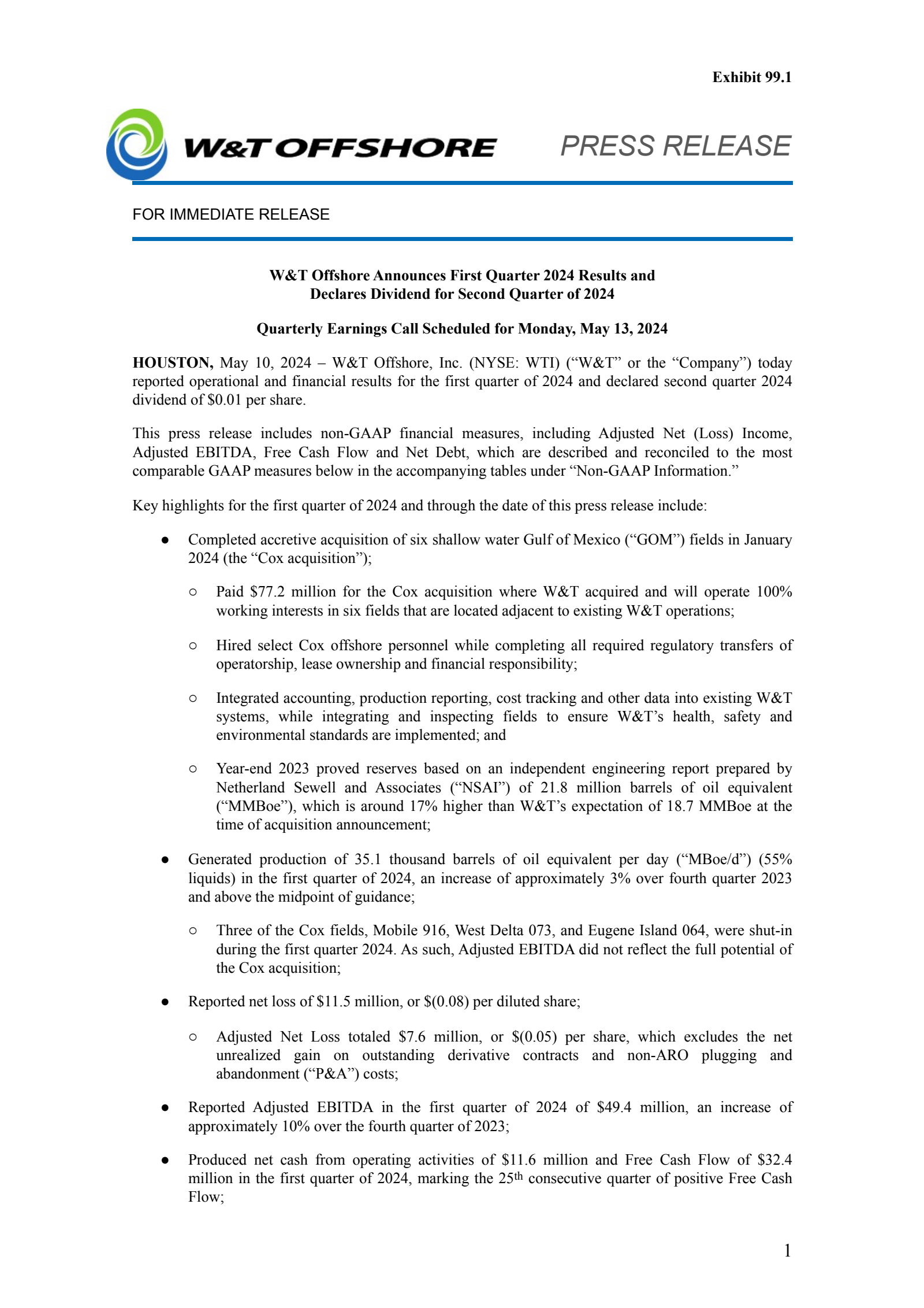 W&T Offshore's Q1 2024 Press Release