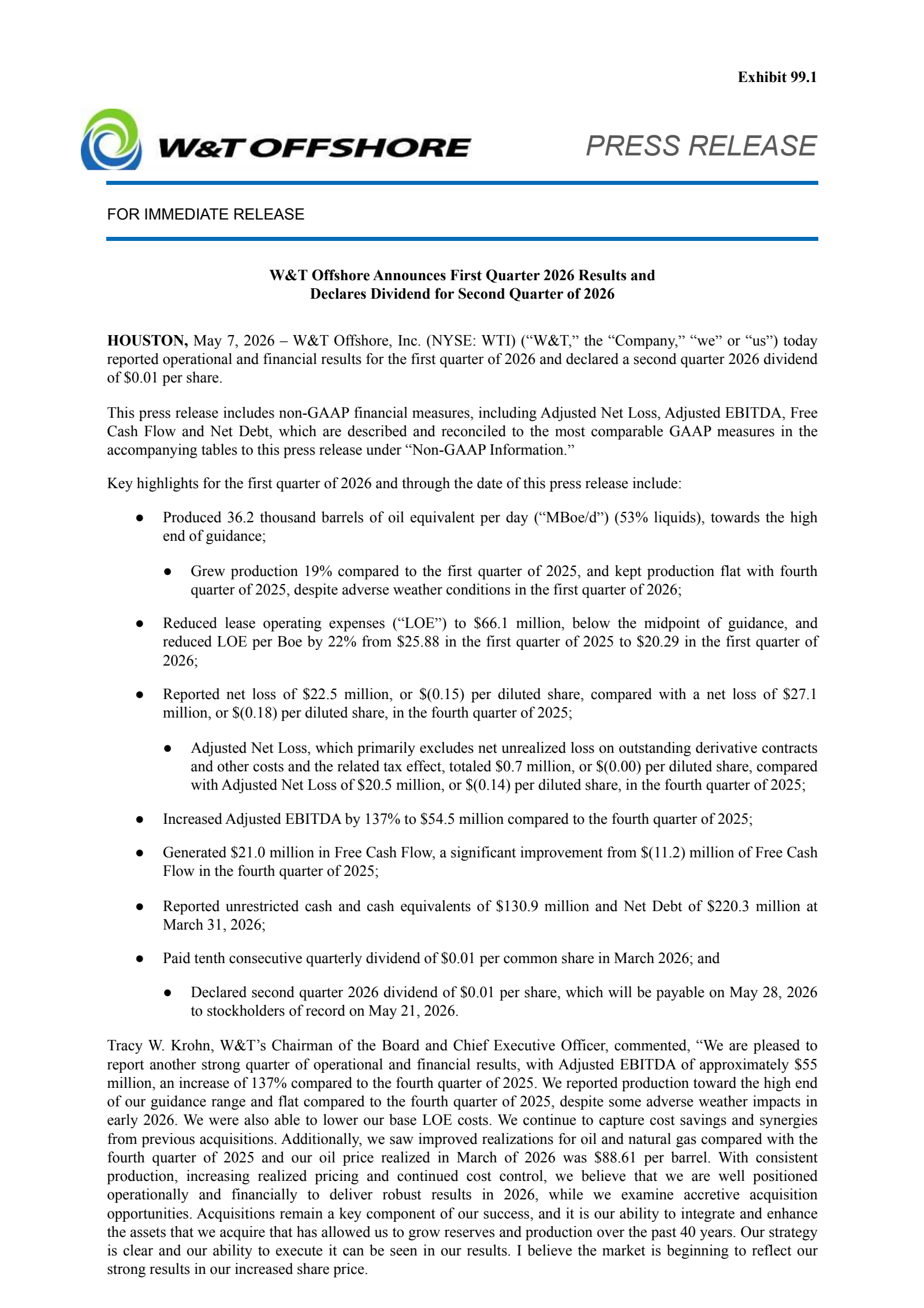 W&T Offshore's Q1 2026 Press Release