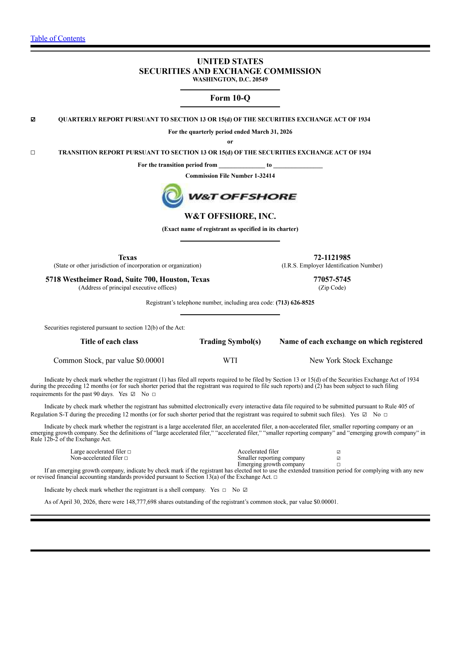 W&T Offshore's Q1 2026 Quarterly report