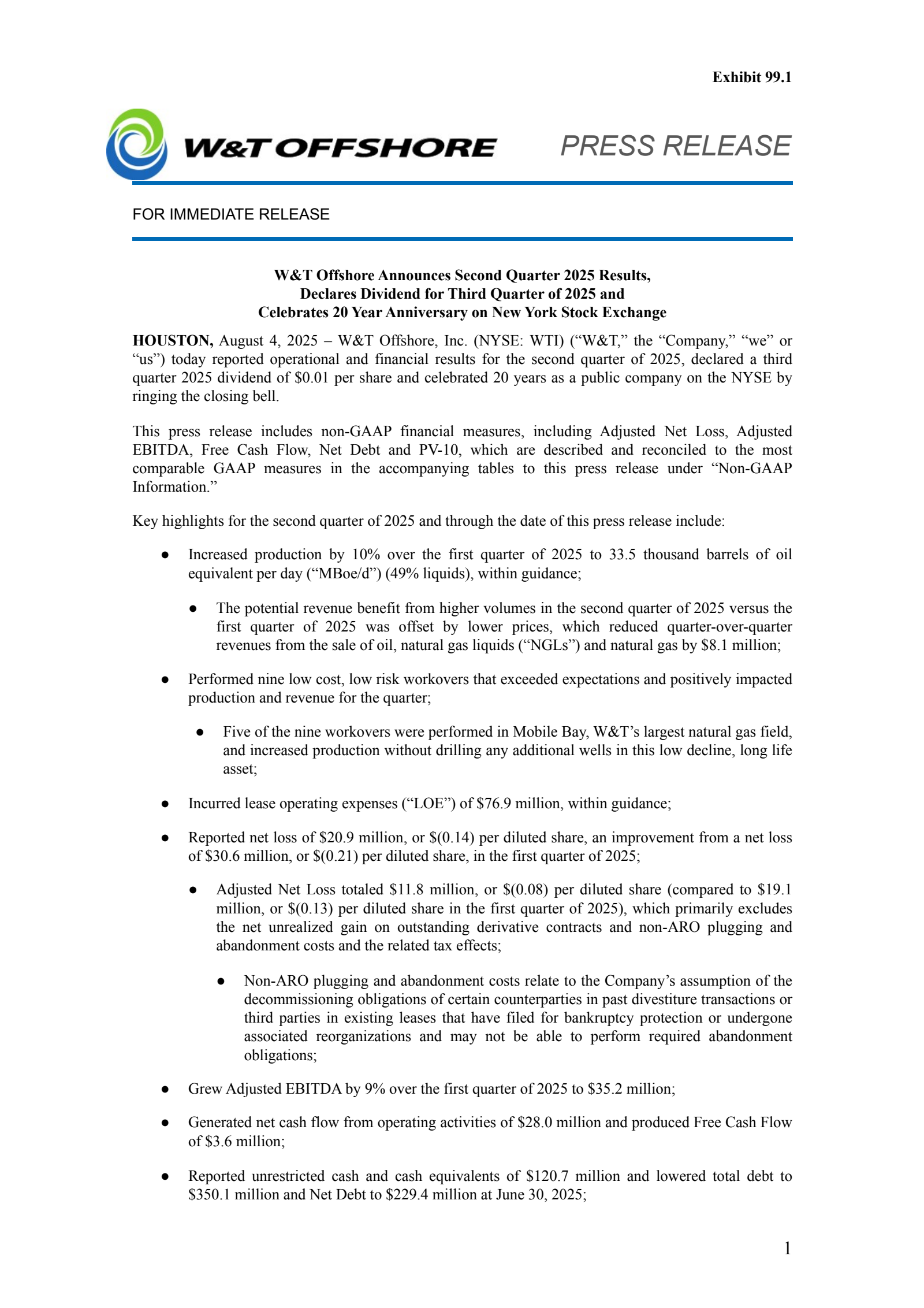 W&T Offshore's Q2 2025 Press Release