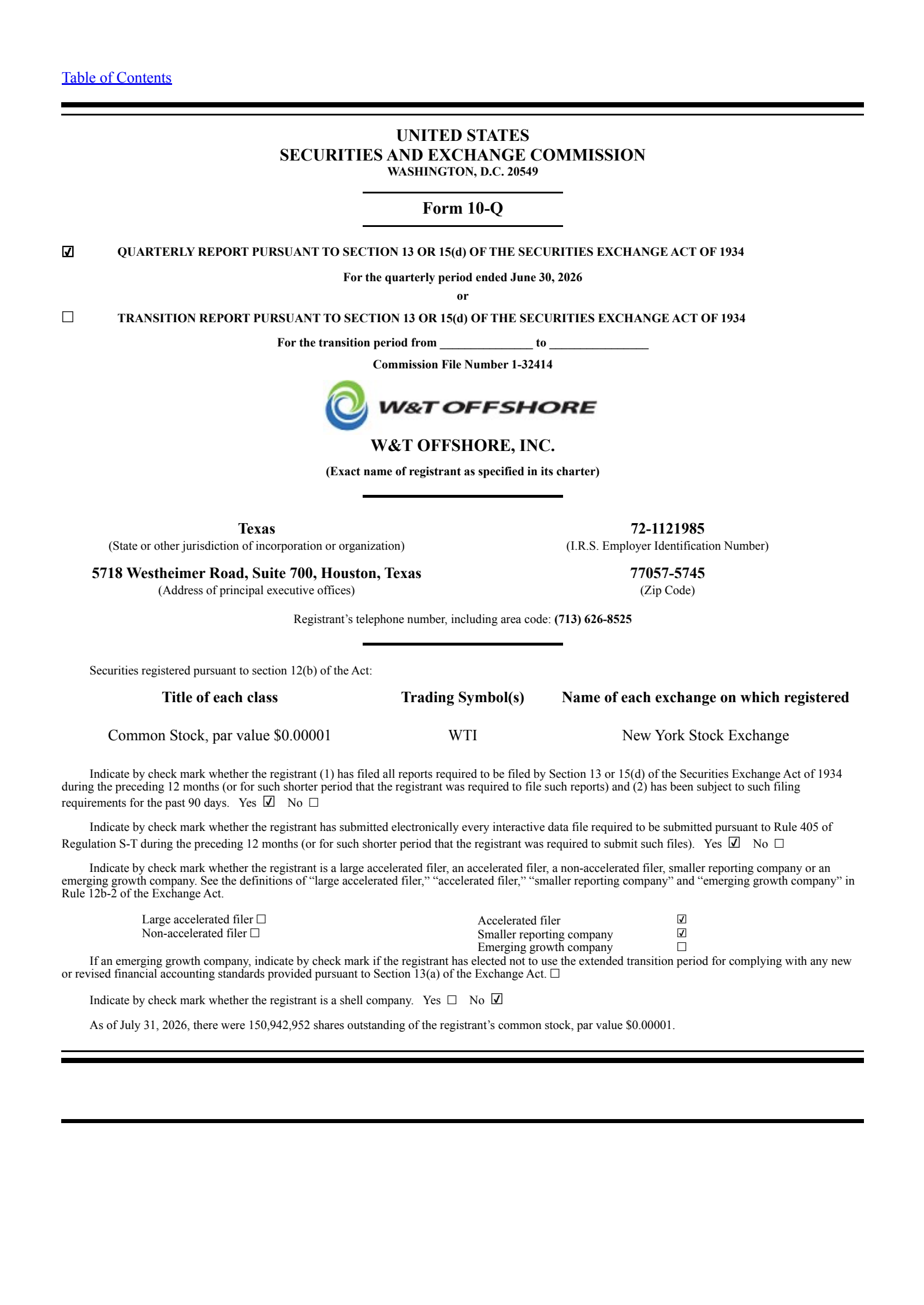 W&T Offshore's Q2 2026 Quarterly report