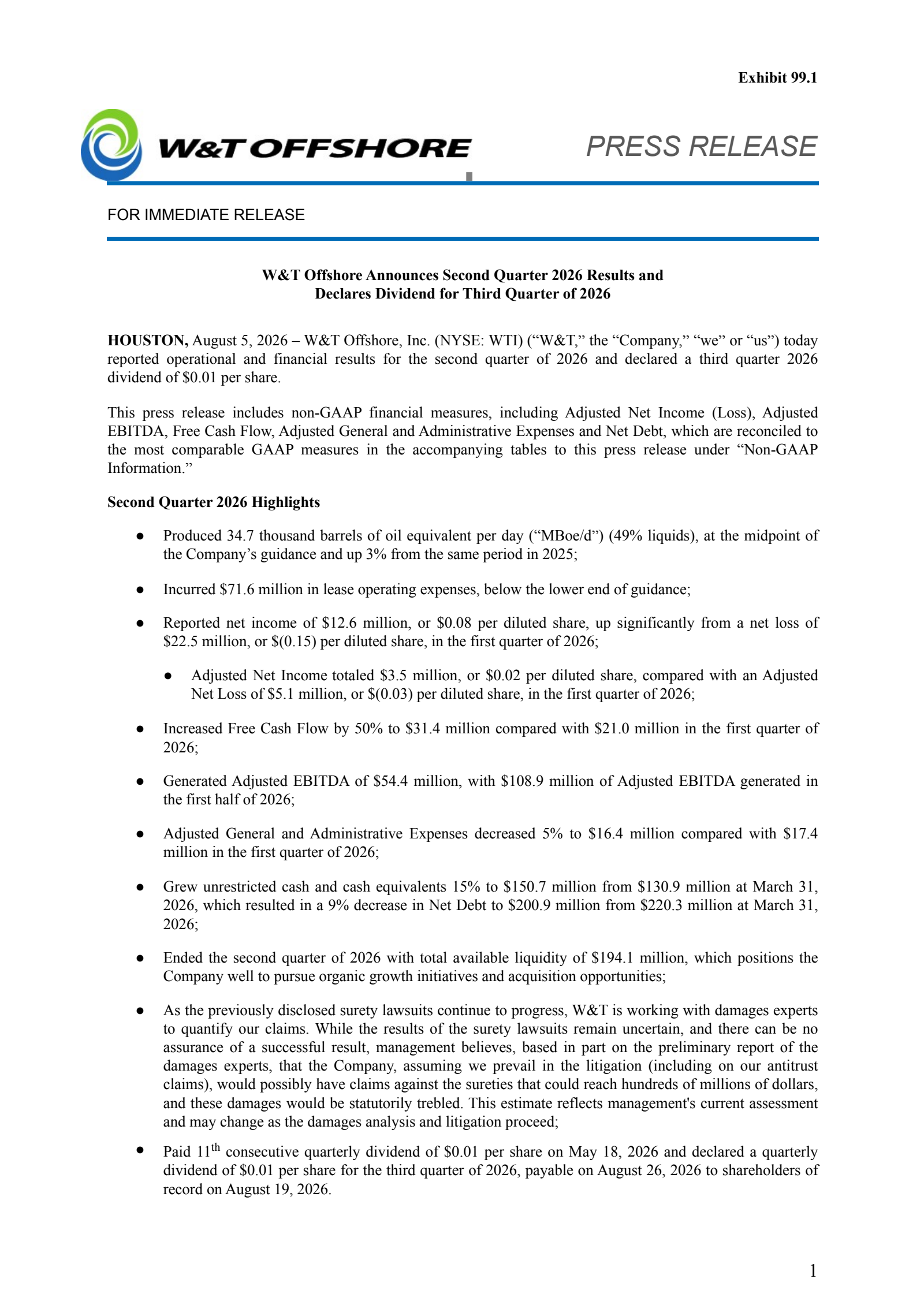W&T Offshore's Q2 2026 Press Release