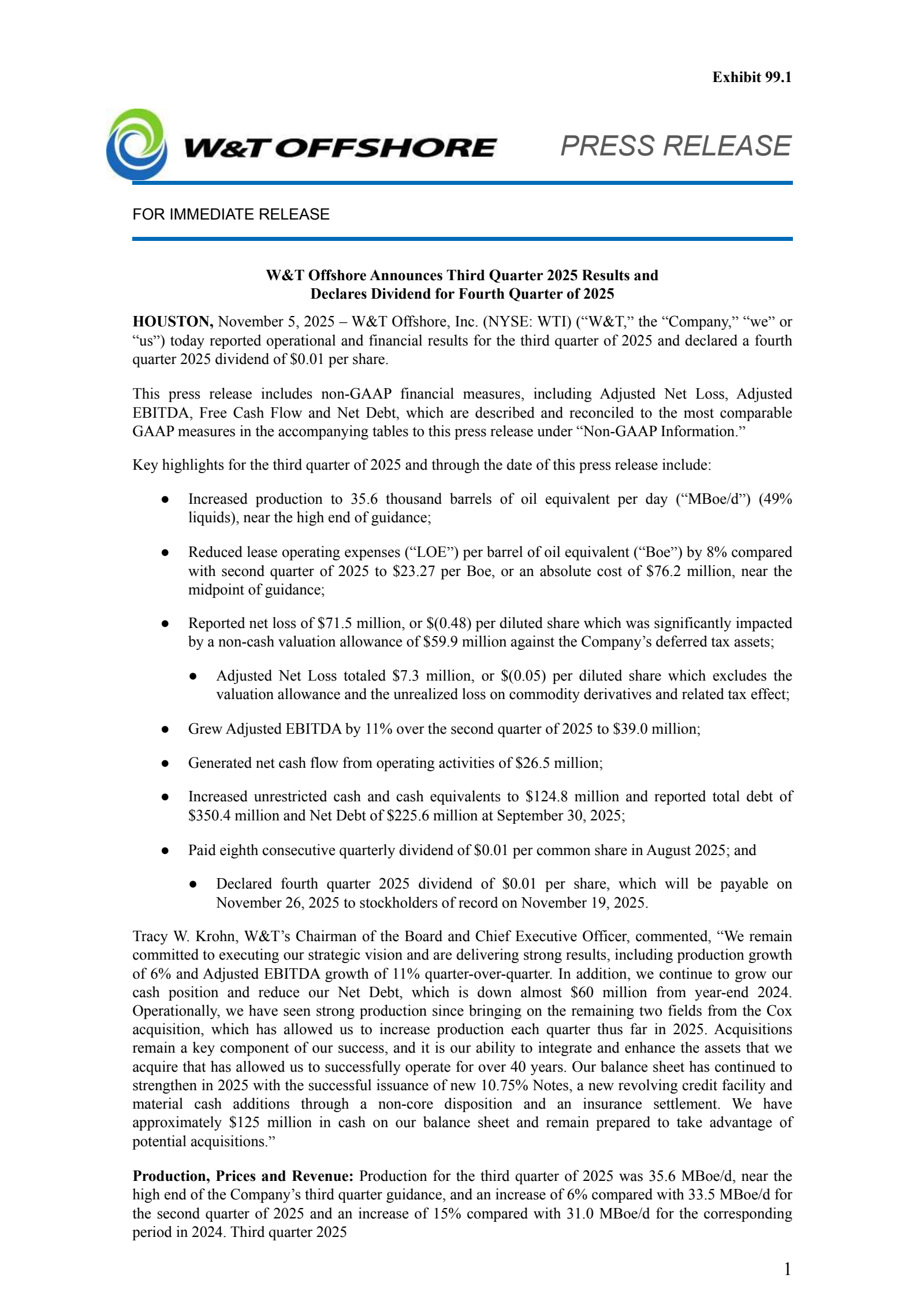 W&T Offshore's Q3 2025 Earnings Release