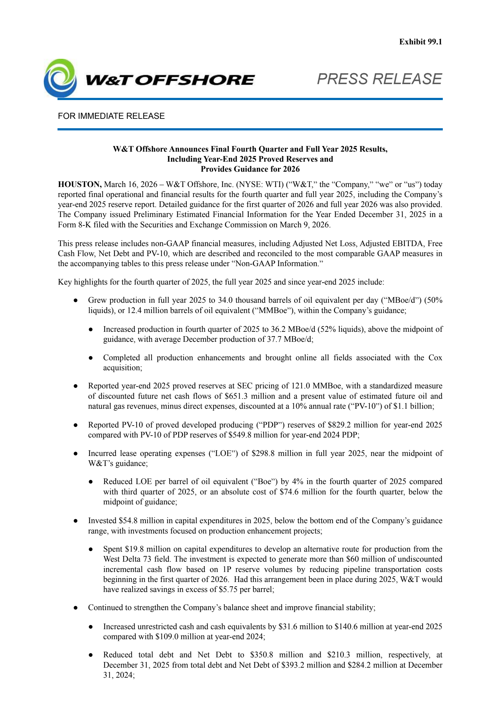 W&T Offshore's Q4 2025 Press Release