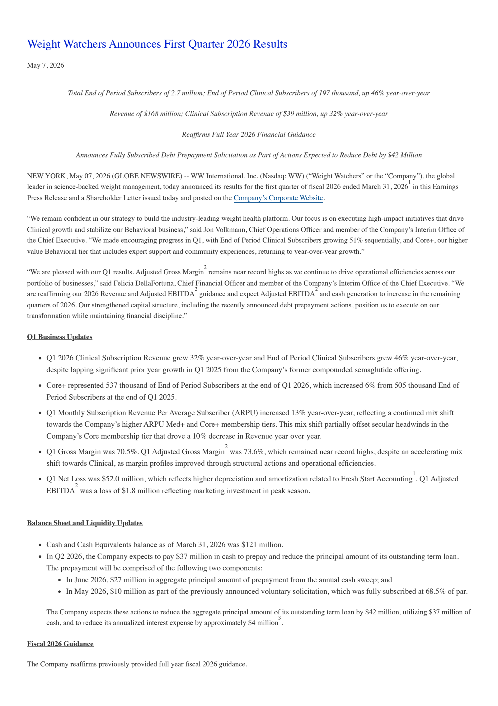 WW International's Q1 2026 Press Release