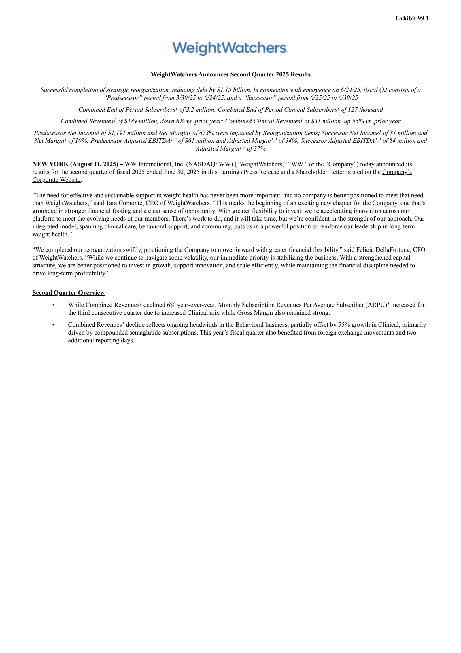 WW International's Q2 2025 Press Release