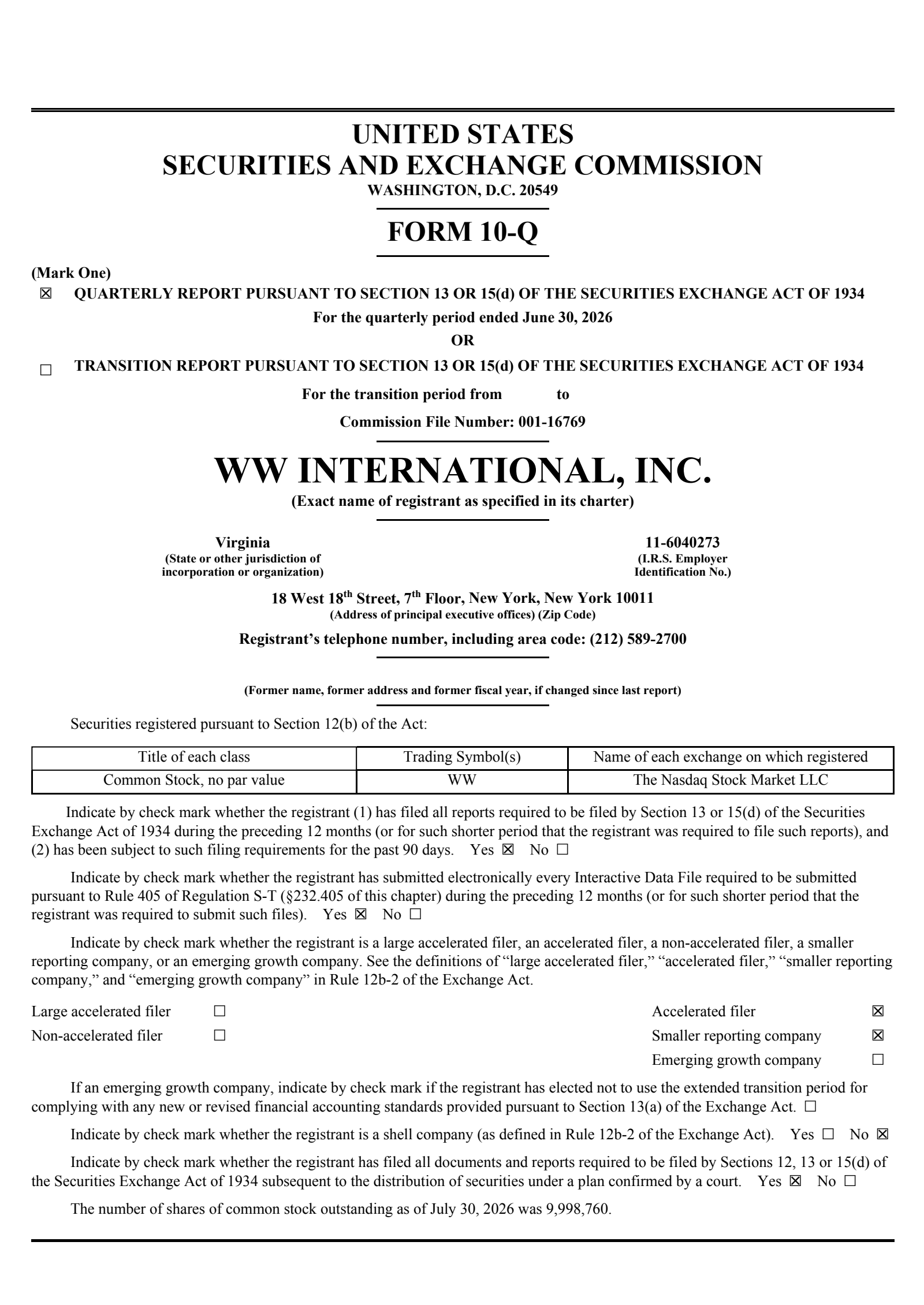 WW International's Q2 2026 Quarterly report
