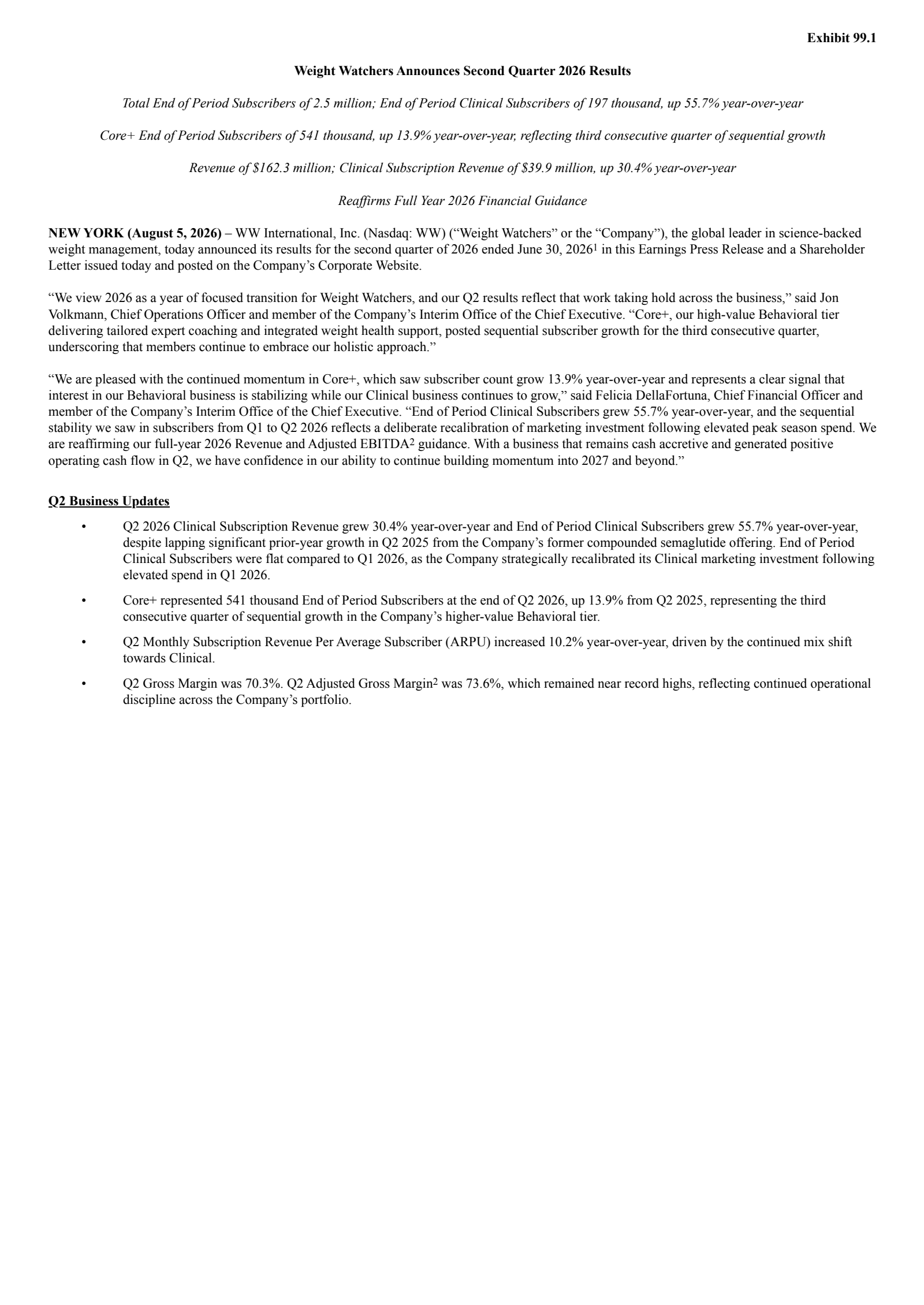 WW International's Q2 2026 Press Release