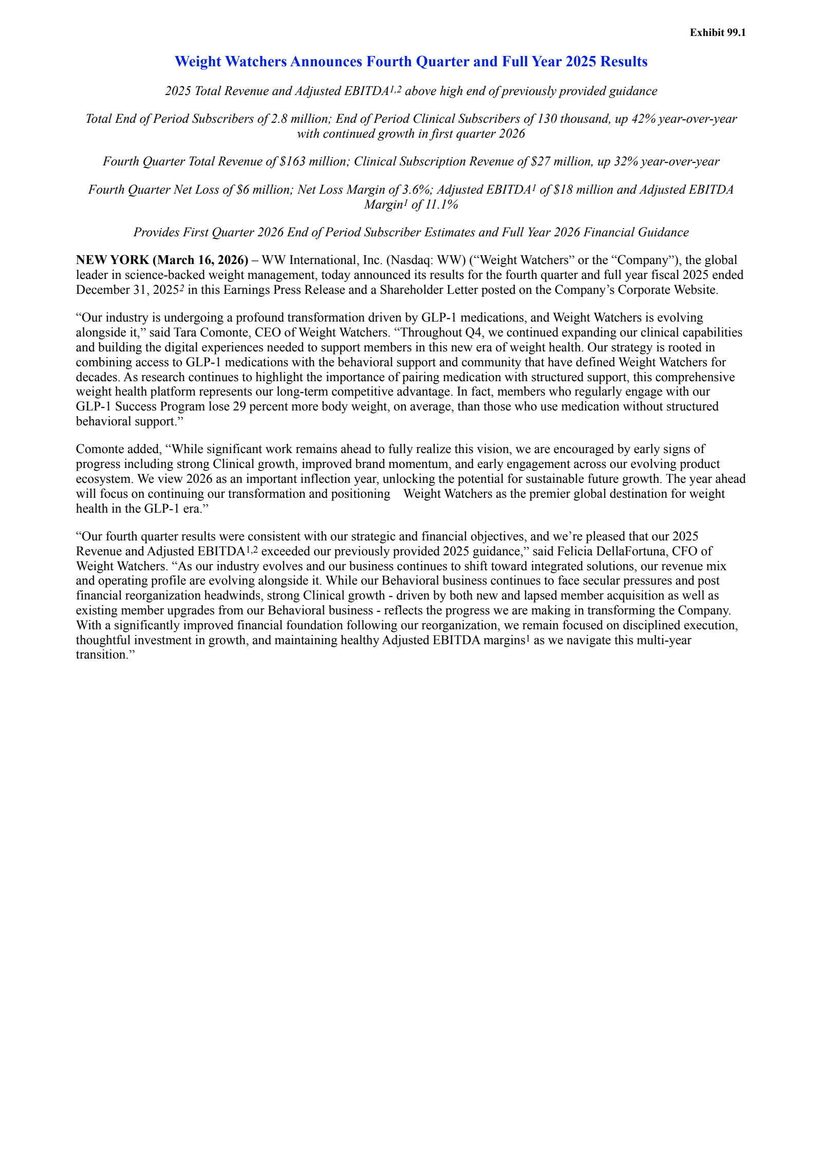 WW International's Q4 2025 Press Release