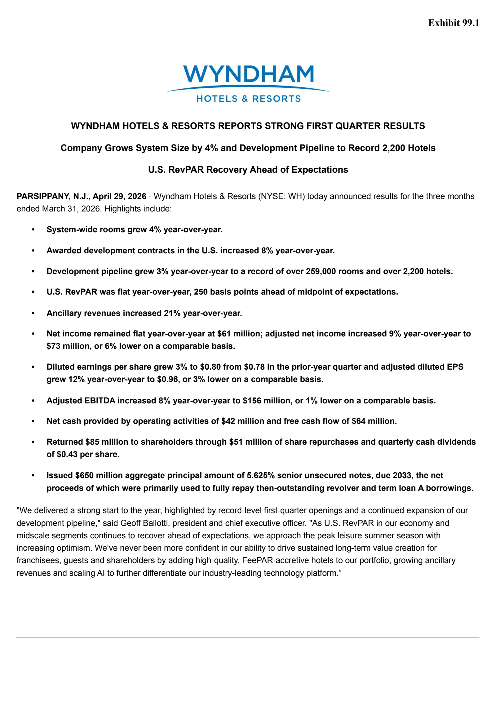 Wyndham Hotels & Resorts' Q1 2026 Press Release
