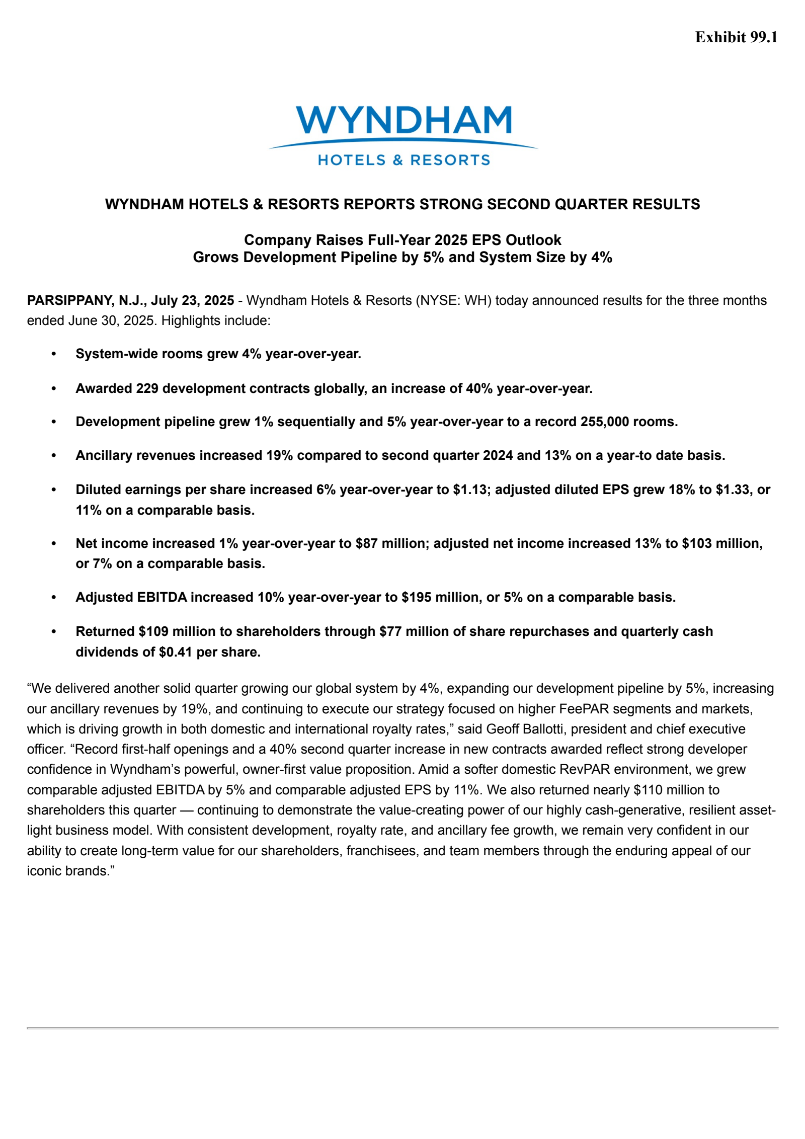 Wyndham Hotels & Resorts' Q2 2025 Press Release