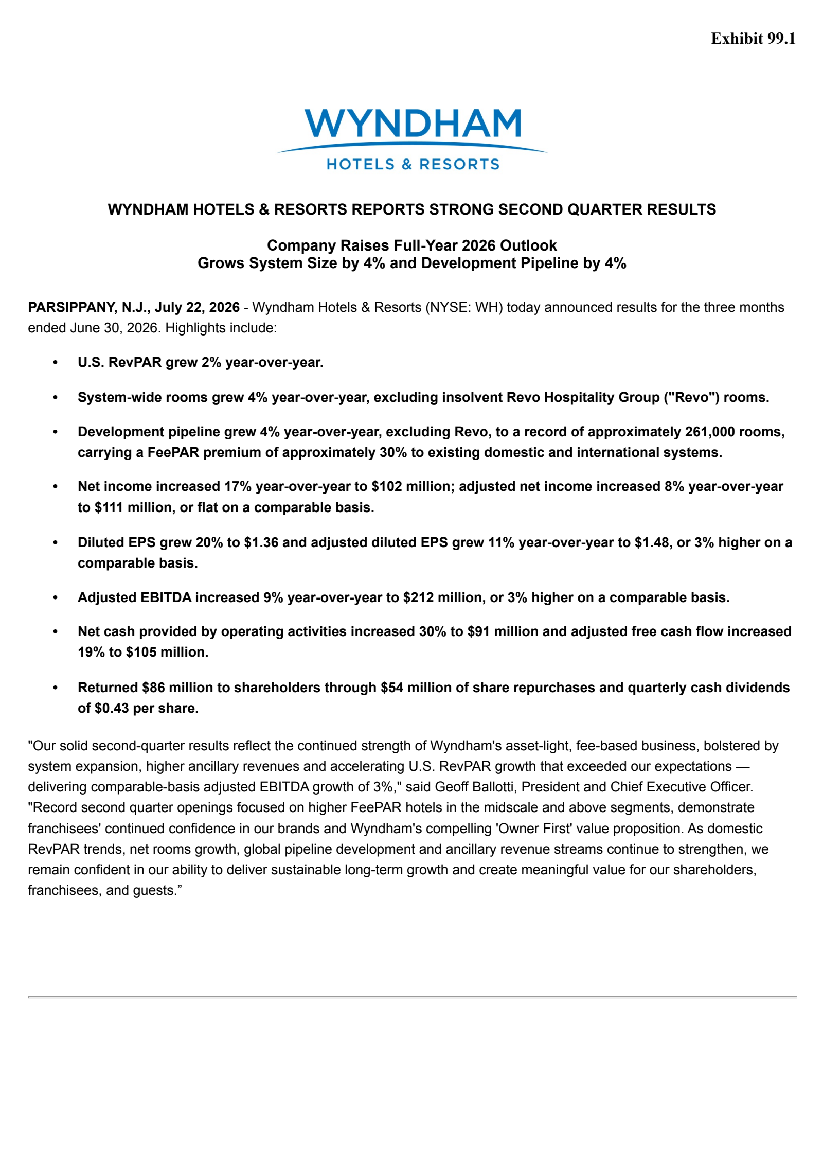 Wyndham Hotels & Resorts' Q2 2026 Press Release