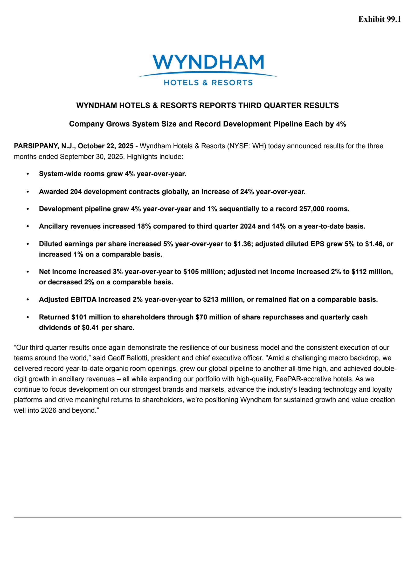 Wyndham Hotels & Resorts' Q3 2025 Earnings Release