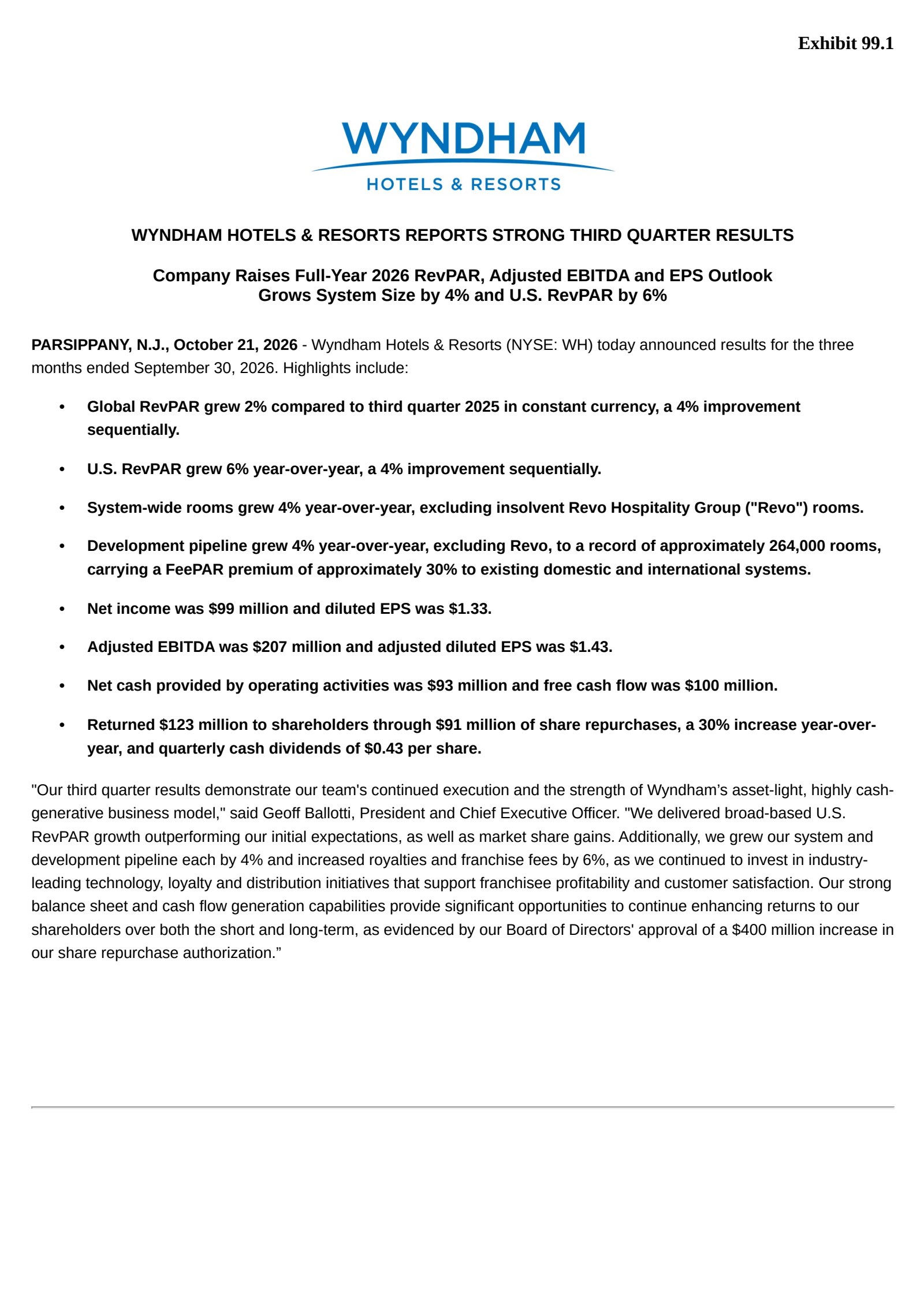 Wyndham Hotels & Resorts' Q3 2026 Press Release