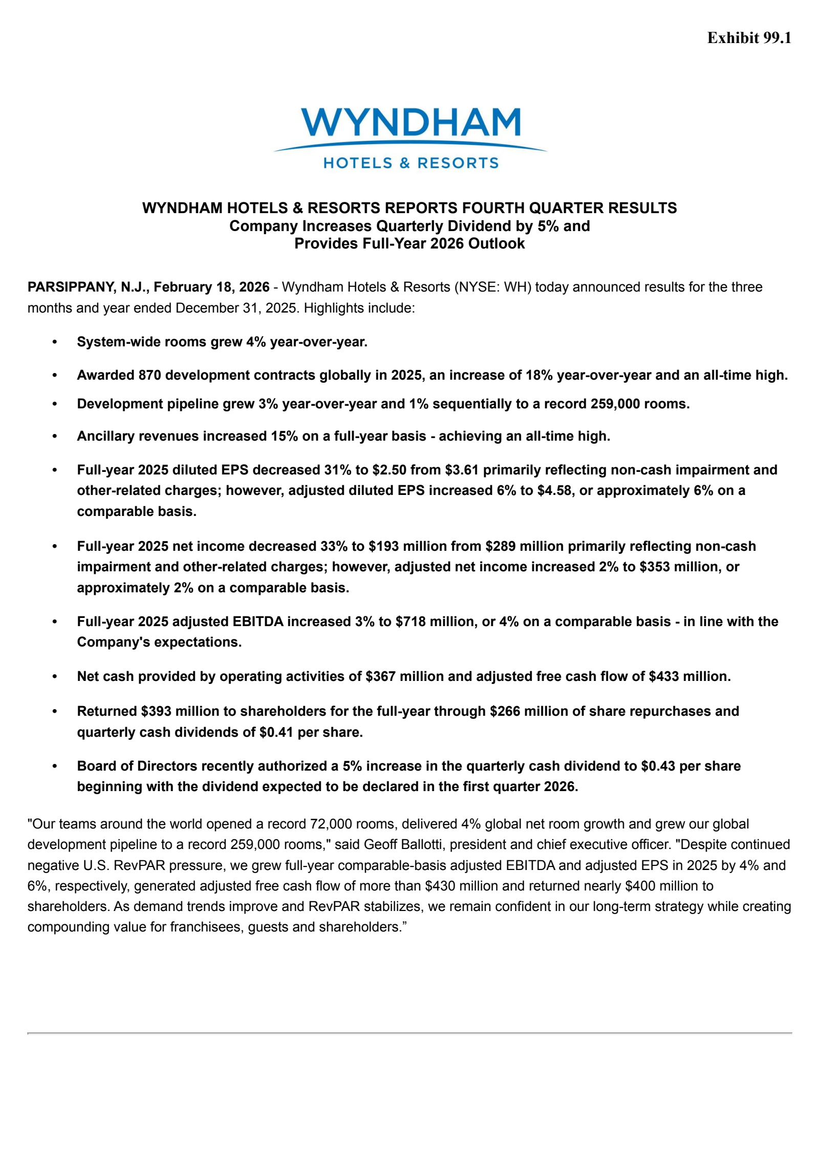 Wyndham Hotels & Resorts' Q4 2025 Press Release