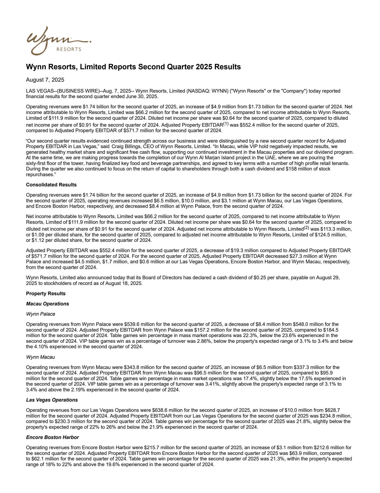 Wynn Resorts' Q2 2025 Press Release