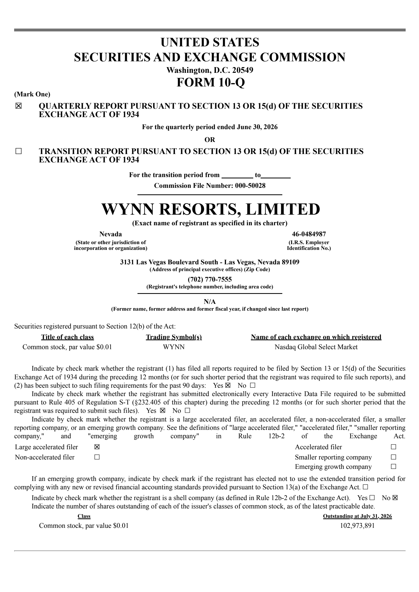 Wynn Resorts' Q2 2026 Quarterly report