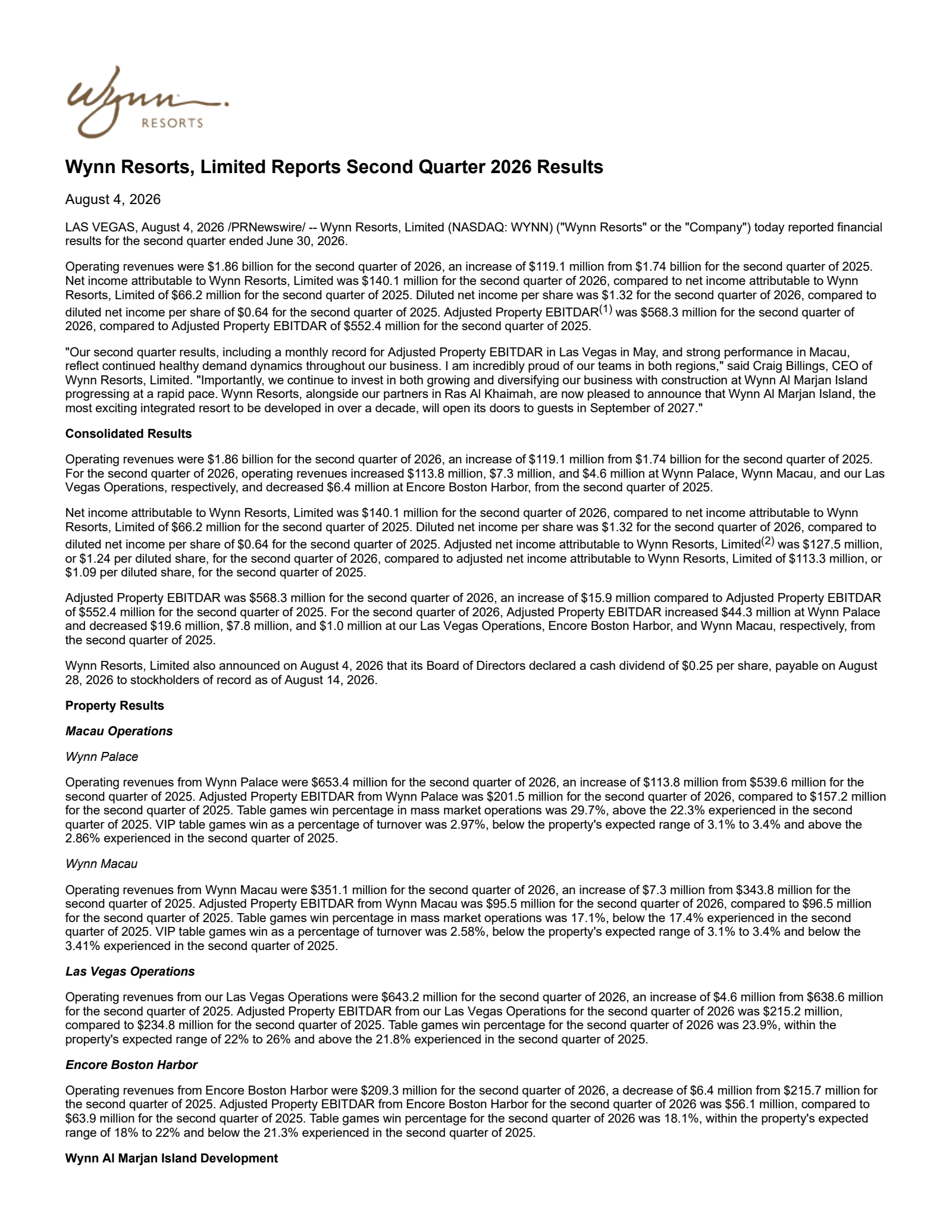 Wynn Resorts' Q2 2026 Press Release