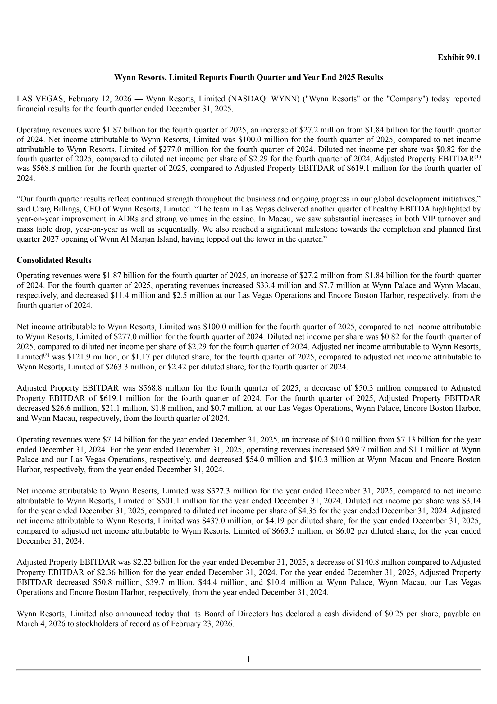 Wynn Resorts' Q4 2025 Press Release