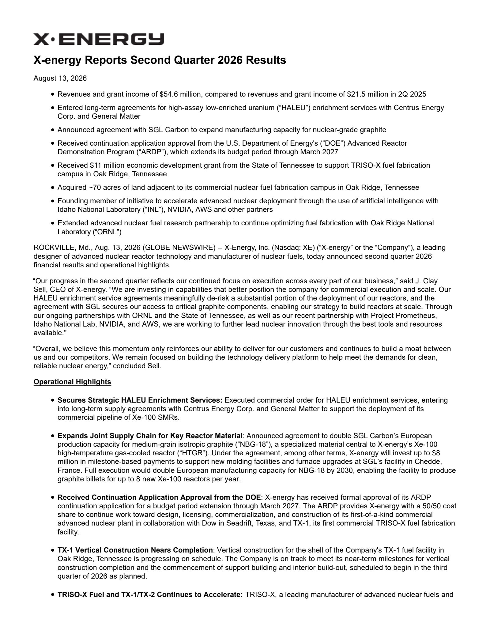 X-Energy's Q2 2026 Press Release