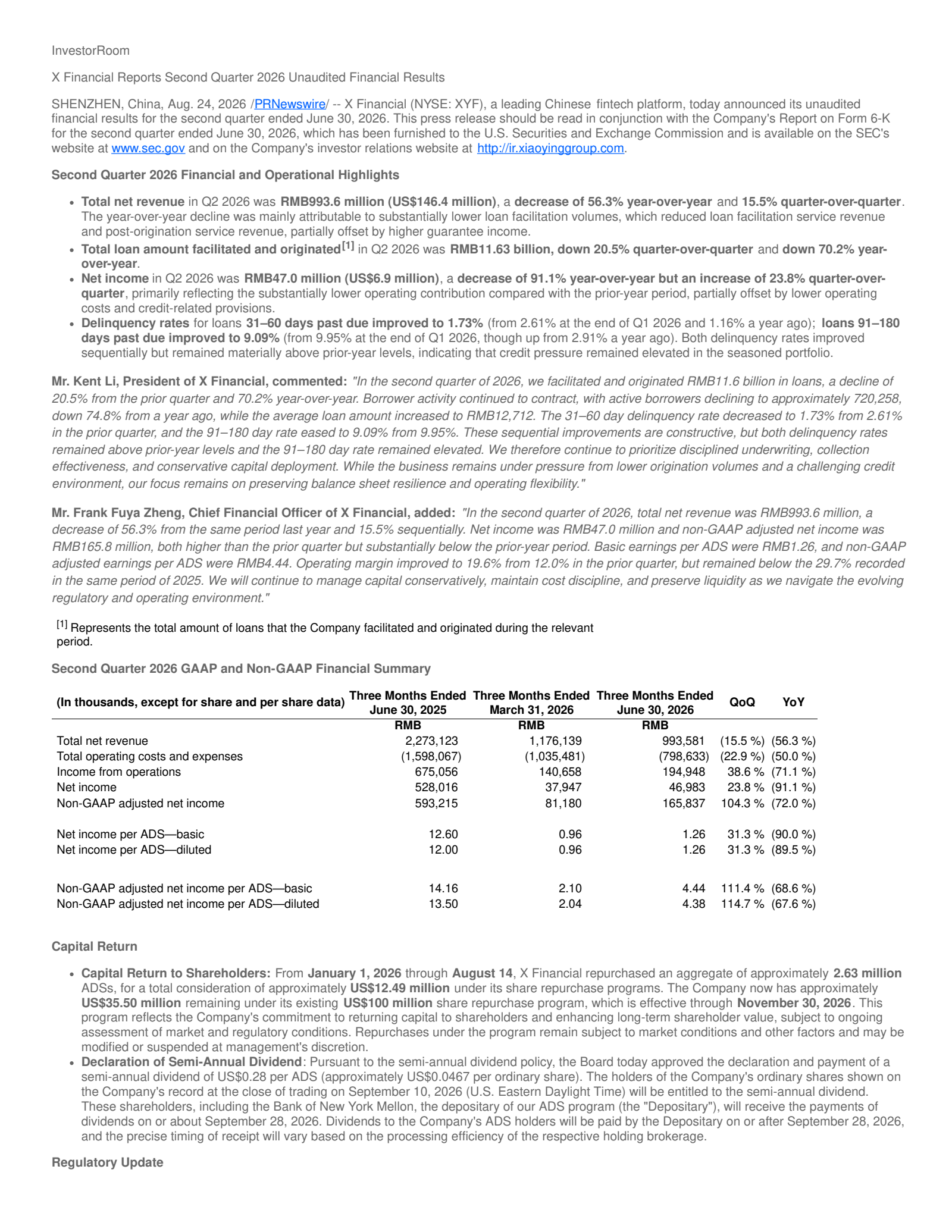X Financial's Q2 2026 Press Release