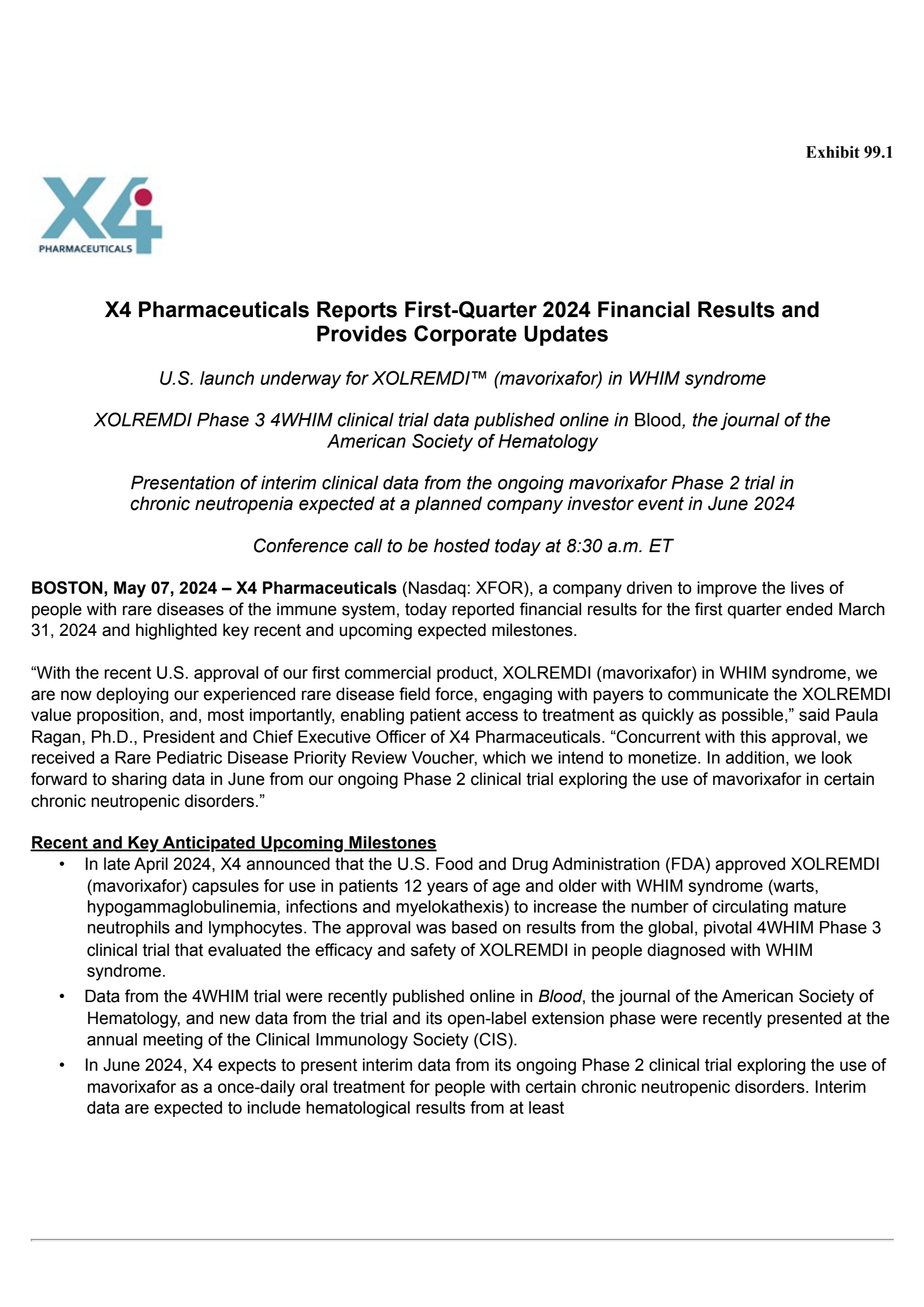 X4 Pharmaceuticals' Q1 2024 Press Release
