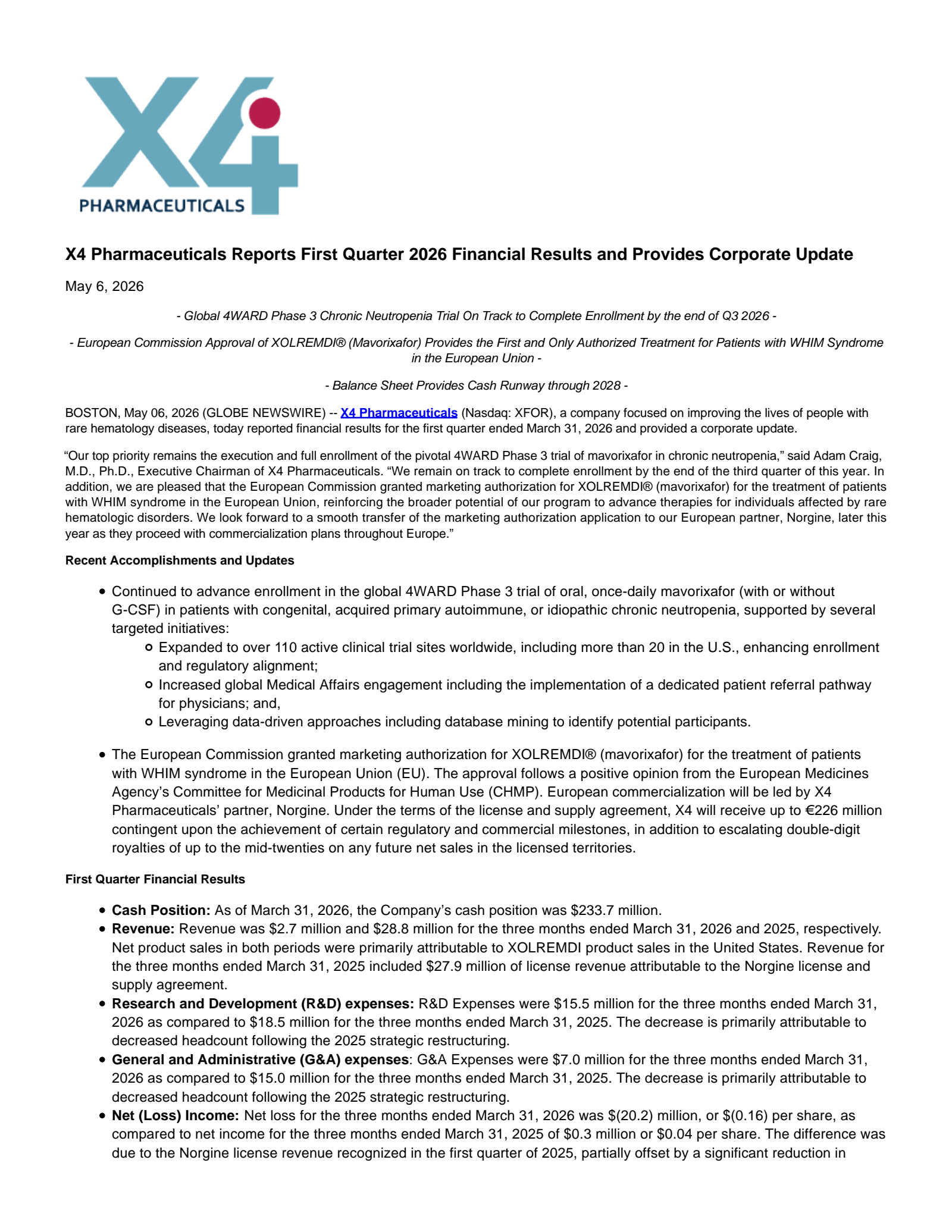 X4 Pharmaceuticals' Q1 2026 Press Release