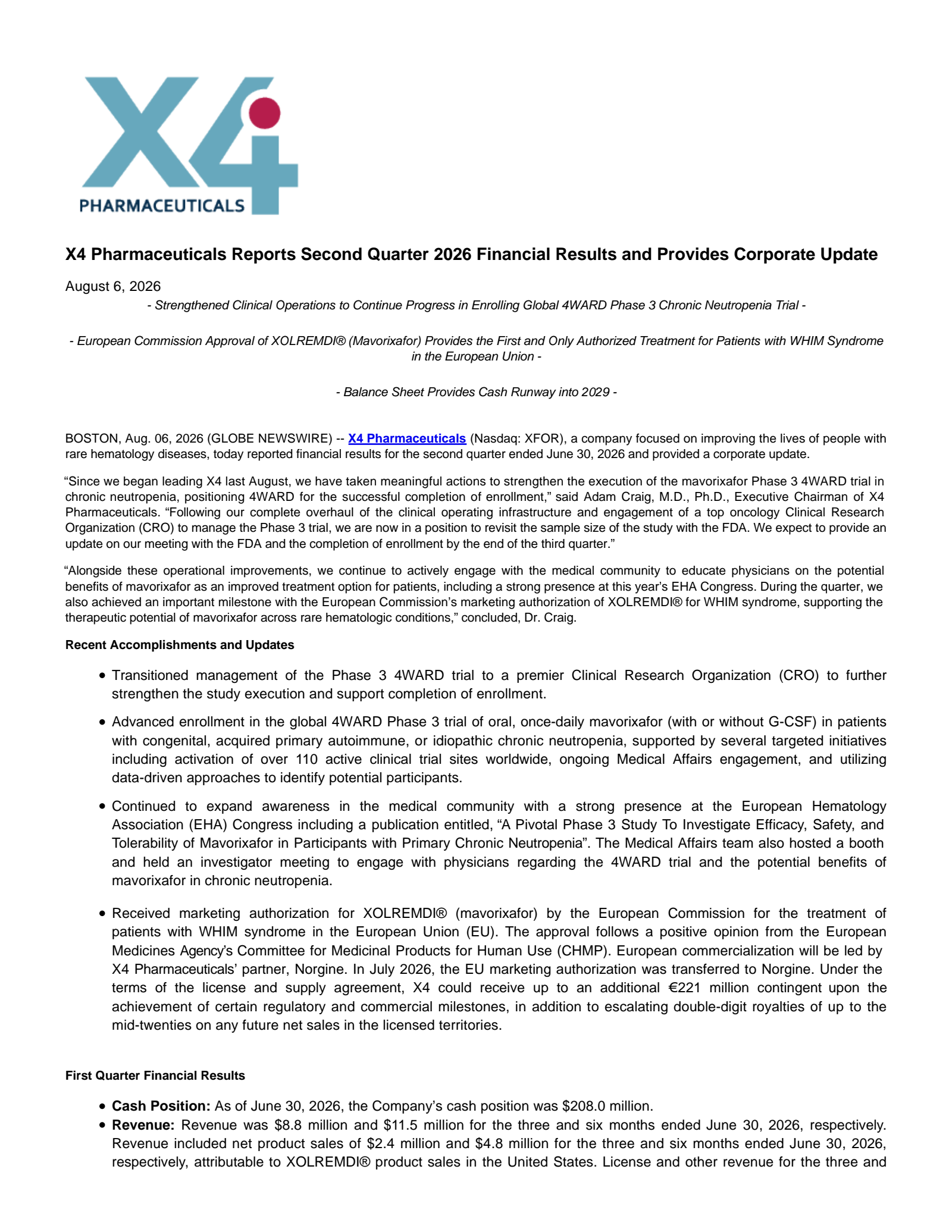 X4 Pharmaceuticals' Q2 2026 Press Release