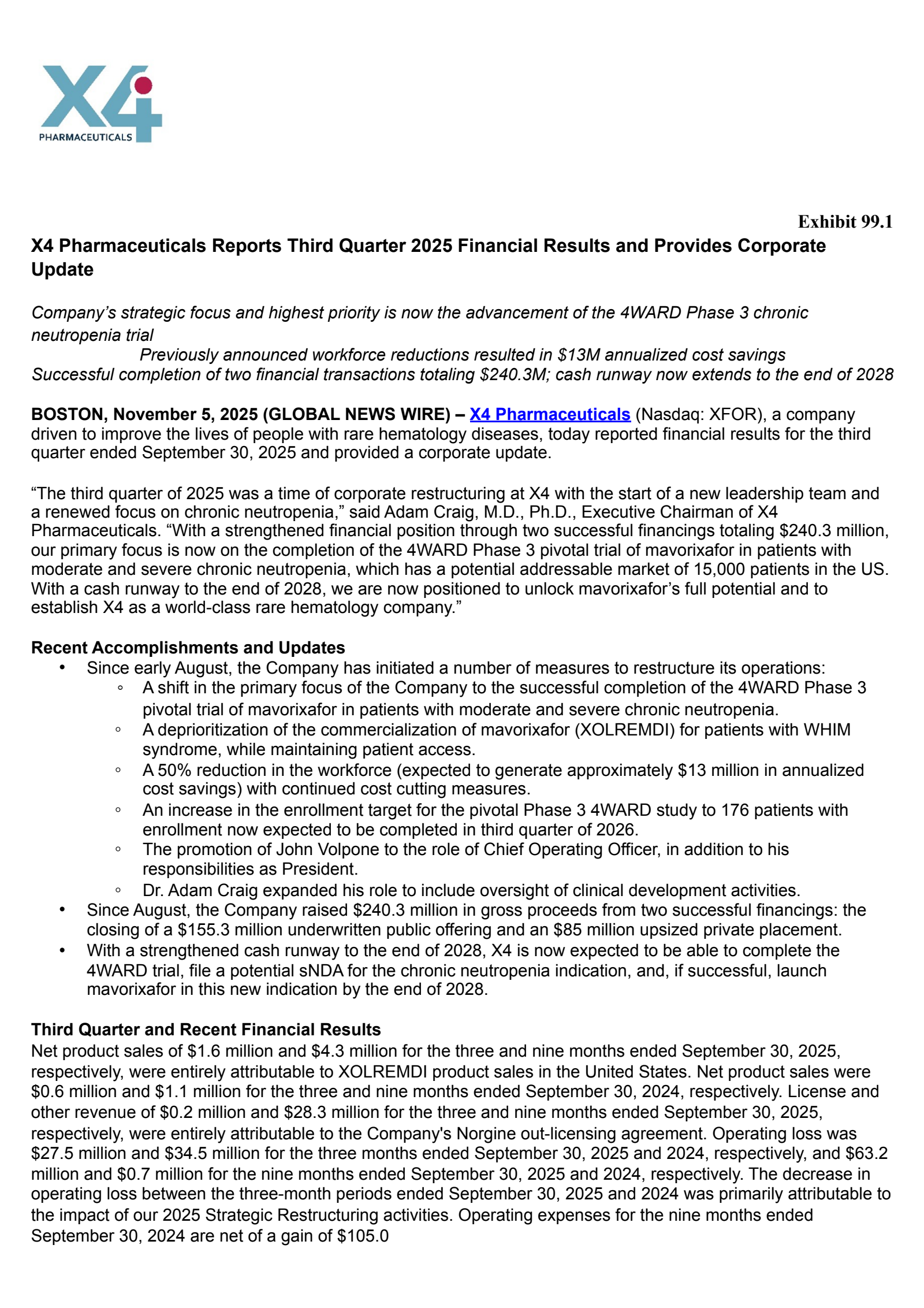 X4 Pharmaceuticals' Q3 2025 Earnings Release