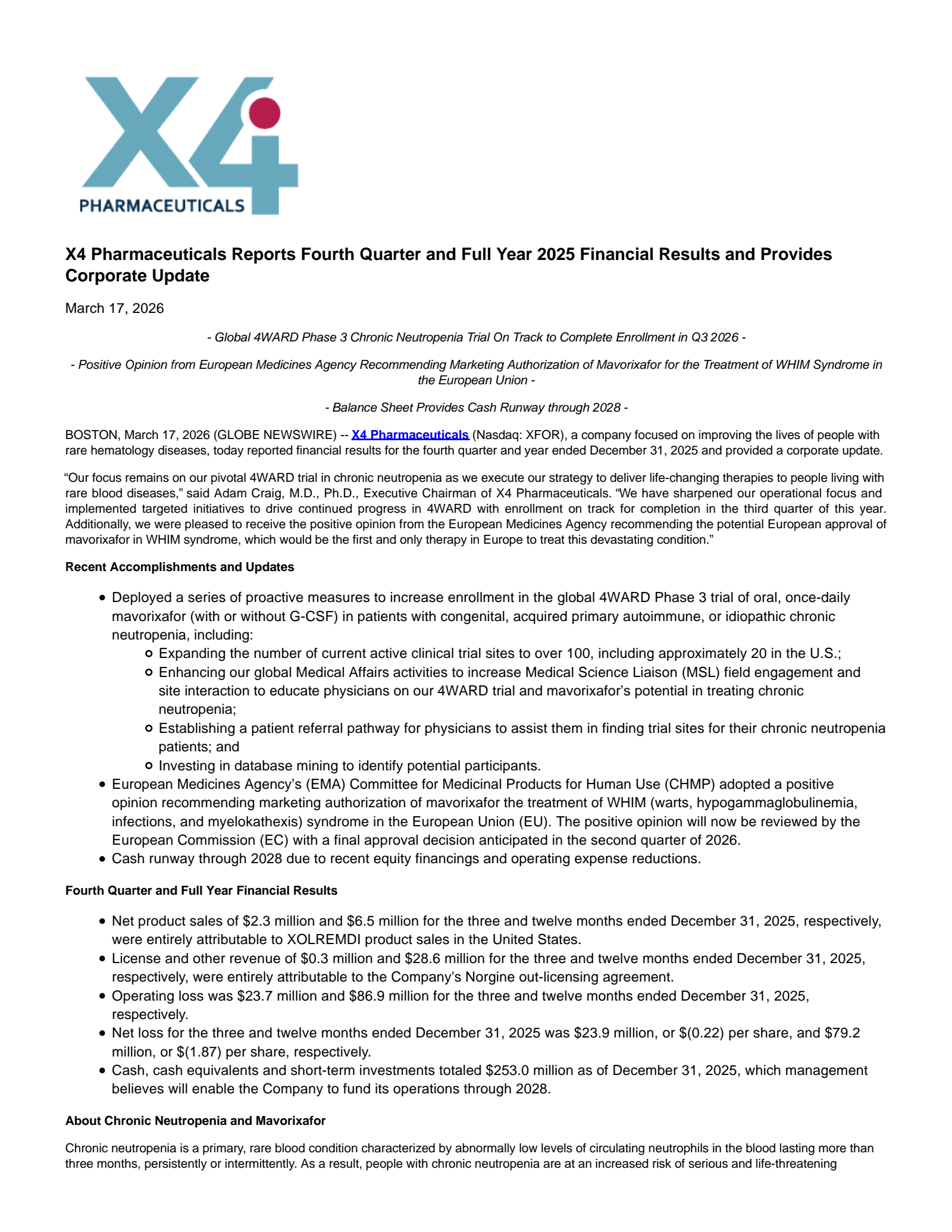 X4 Pharmaceuticals' Q4 2025 Press Release