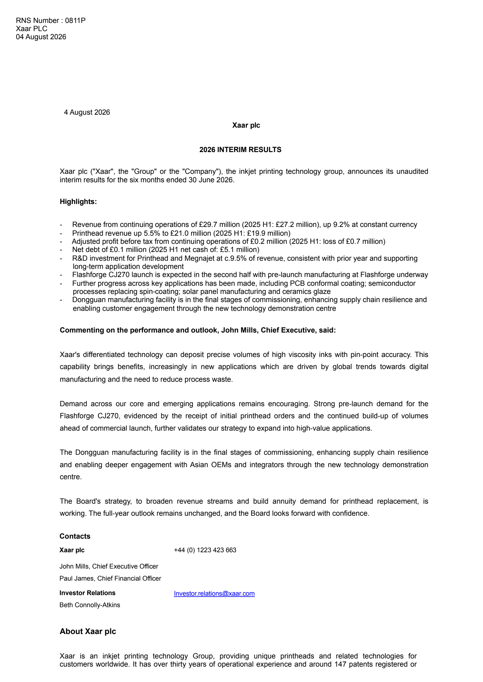 Xaar's H1 2026 Interim report