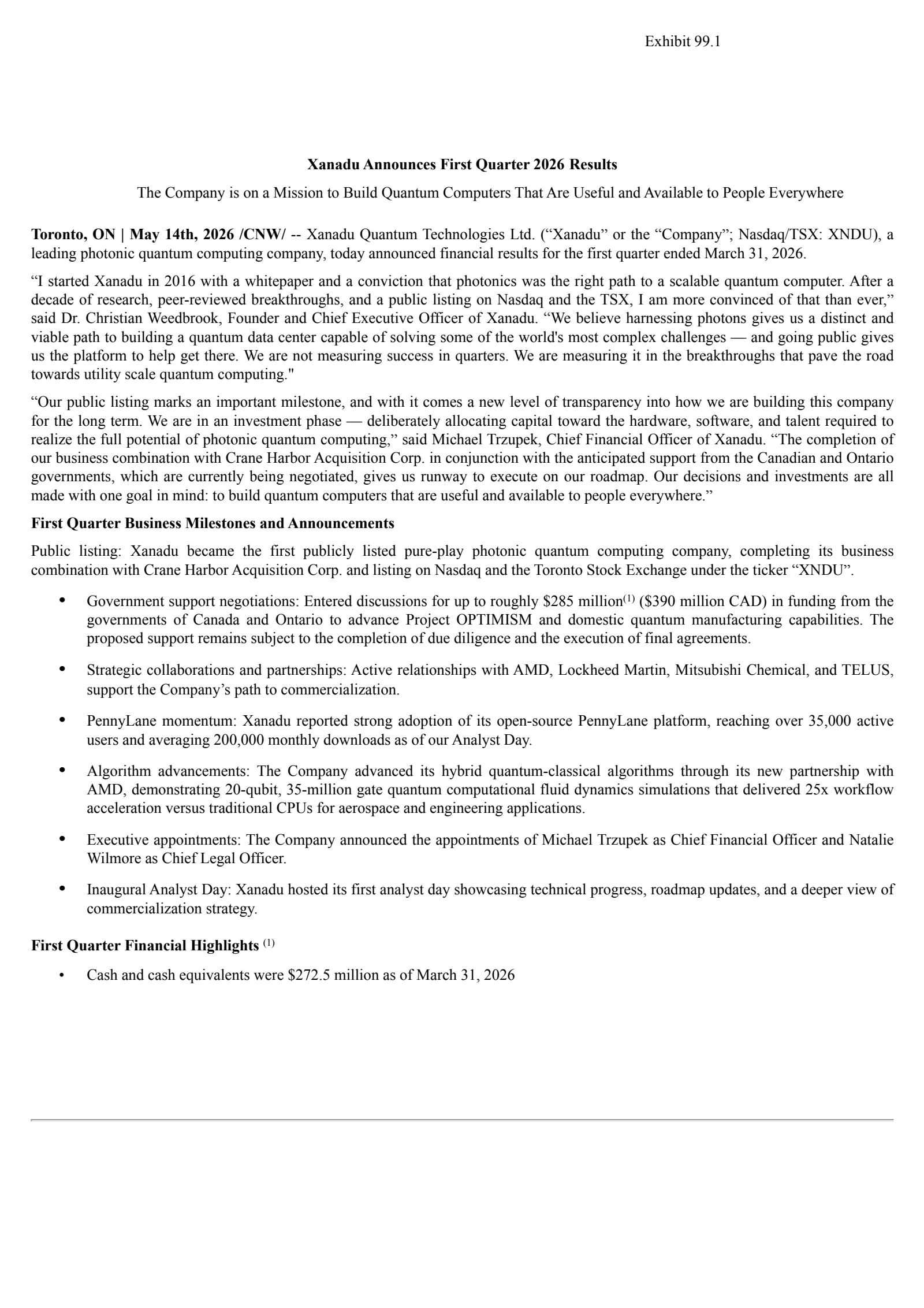 Xanadu Quantum Technologies Limited Class B Subordinate Voting Shares' Q1 2026 Press Release