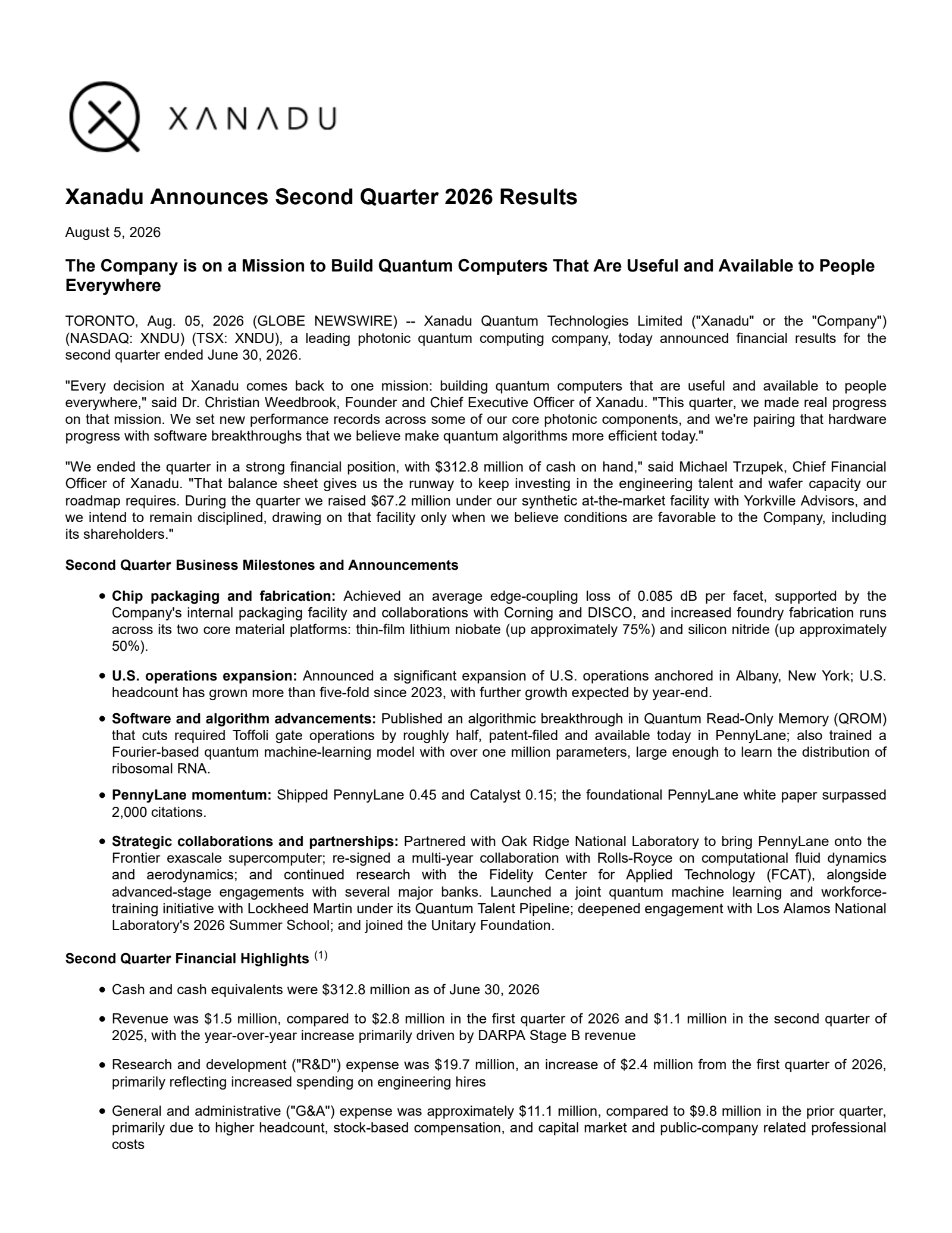 Xanadu Quantum Technologies Limited Class B Subordinate Voting Shares' Q2 2026 Press Release