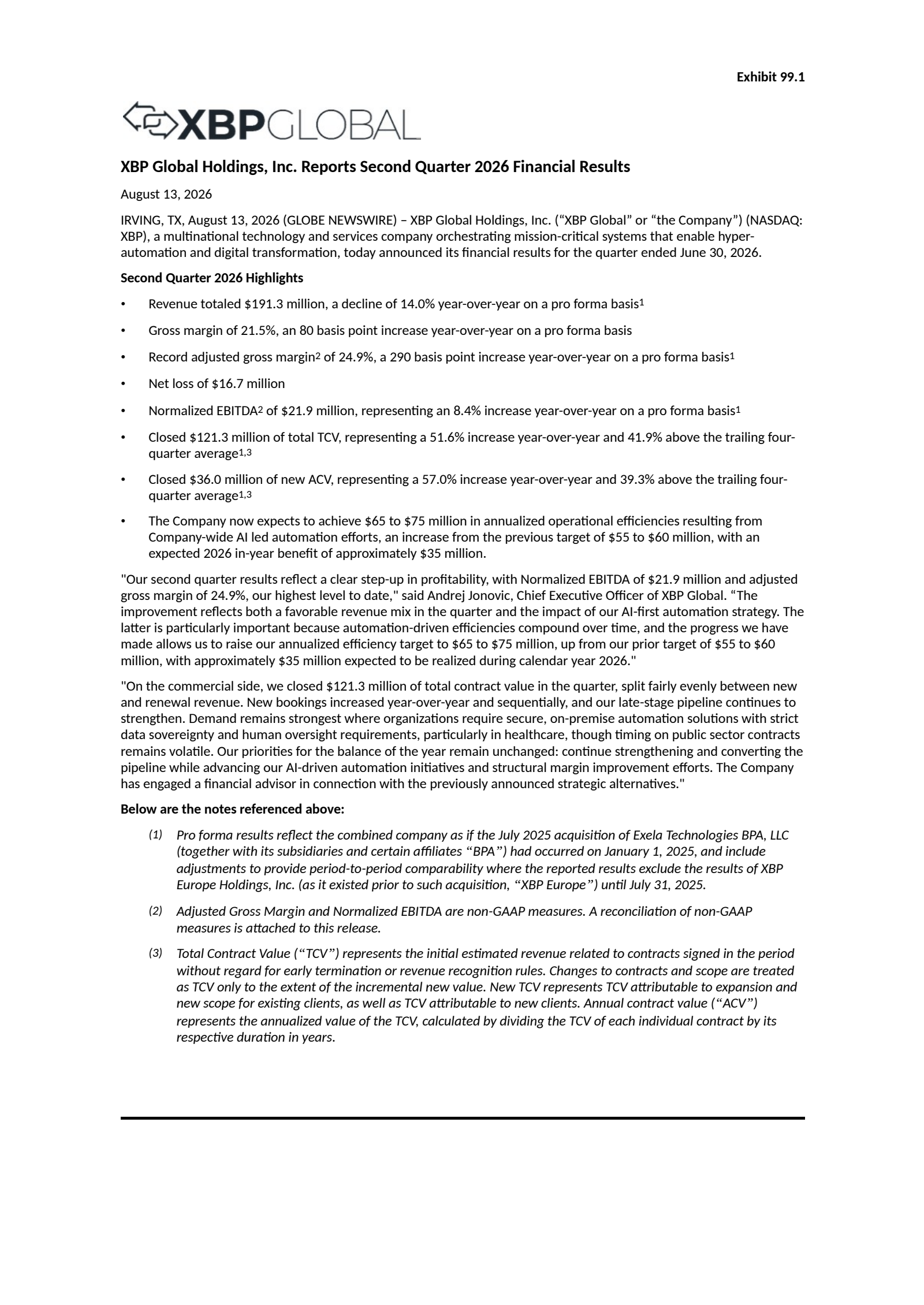 XBP Global's Q2 2026 Press Release